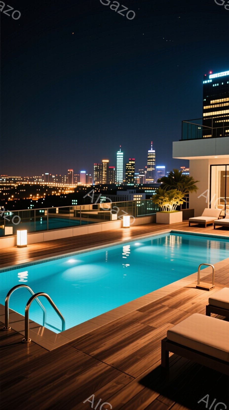 夜景を背景にした屋上プールが写っている。プールの水は青く光り、周囲の木製のデッキとコントラストをなしている。遠くには高層ビル群が広がり、都市の夜景がプールに反映されている。
