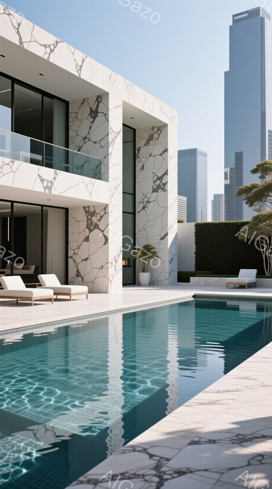 鮮やかな青色のプールが、モダンな邸宅の前面に広がっています。邸宅の外壁は、大胆な白とグレーの模様が特徴的で、背景には高層ビル群がそびえ立っています。全体的に、晴天の下、洗練された都会的なリゾートの雰囲気を醸し出しています。