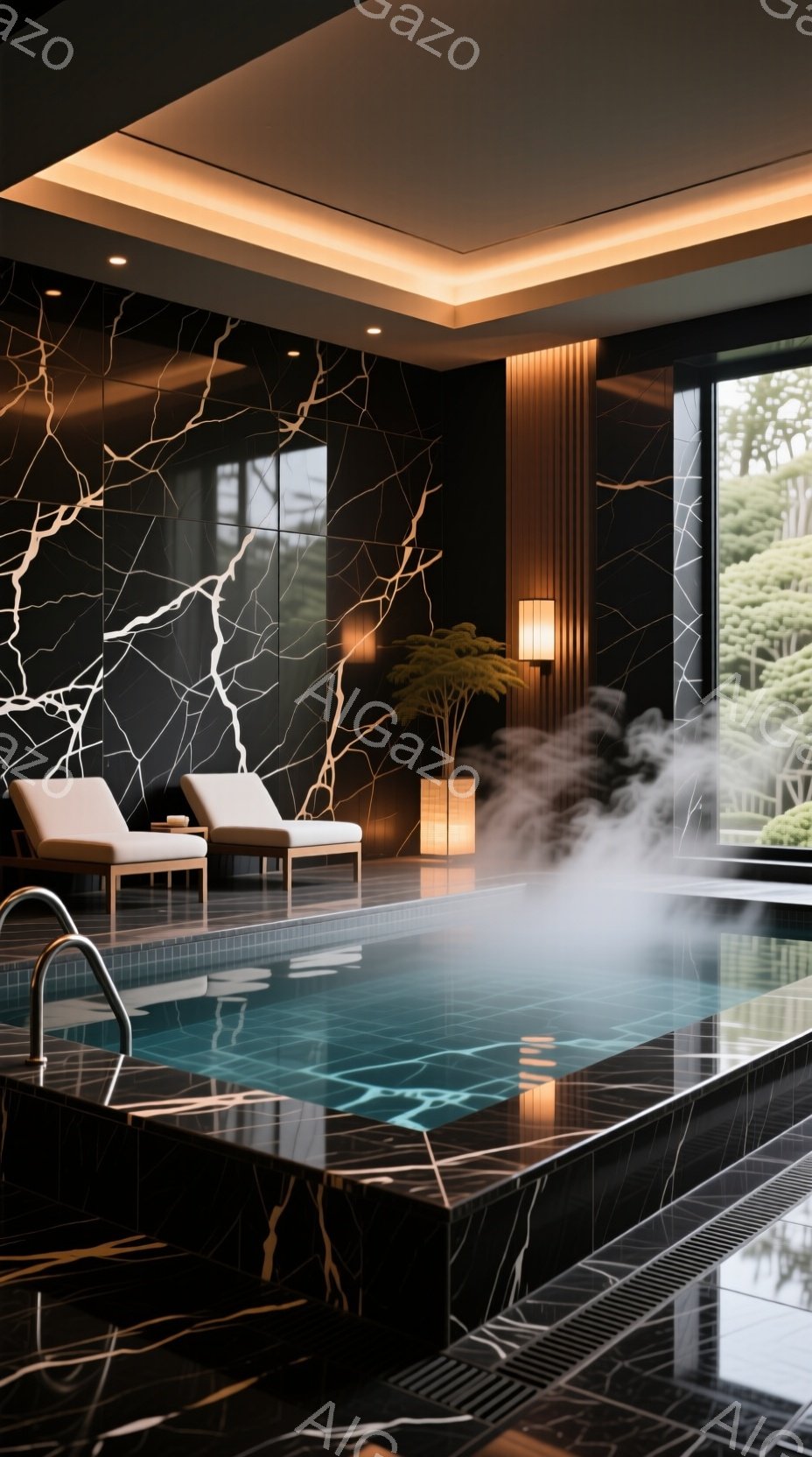 濃い色の大理石模様の壁に囲まれた屋内プールで、湯気が立ち上っています。プールサイドには、明るい色のリクライニングチェアが置かれ、リラックスした雰囲気を醸し出しています。背景には窓があり、緑豊かな庭園が見え、落ち着いた静寂な空間を演出しています。