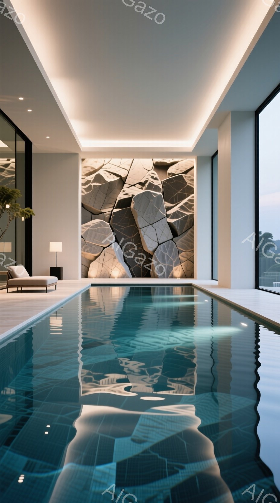 広々とした屋内プールは、明るい青色のタイル張りの水面が特徴的で、天井からの間接照明が水面に反射し、幻想的な雰囲気を醸し出しています。プールの奥には、まるで氷の破片のようなモザイク模様の壁があり、モダンで洗練された空間を演出しています。大きな窓からは自然光が差し込み、プールの端にはシンプルなデザインのラウンジチェアが置かれ、リラックスした雰囲気を醸し出しています。
