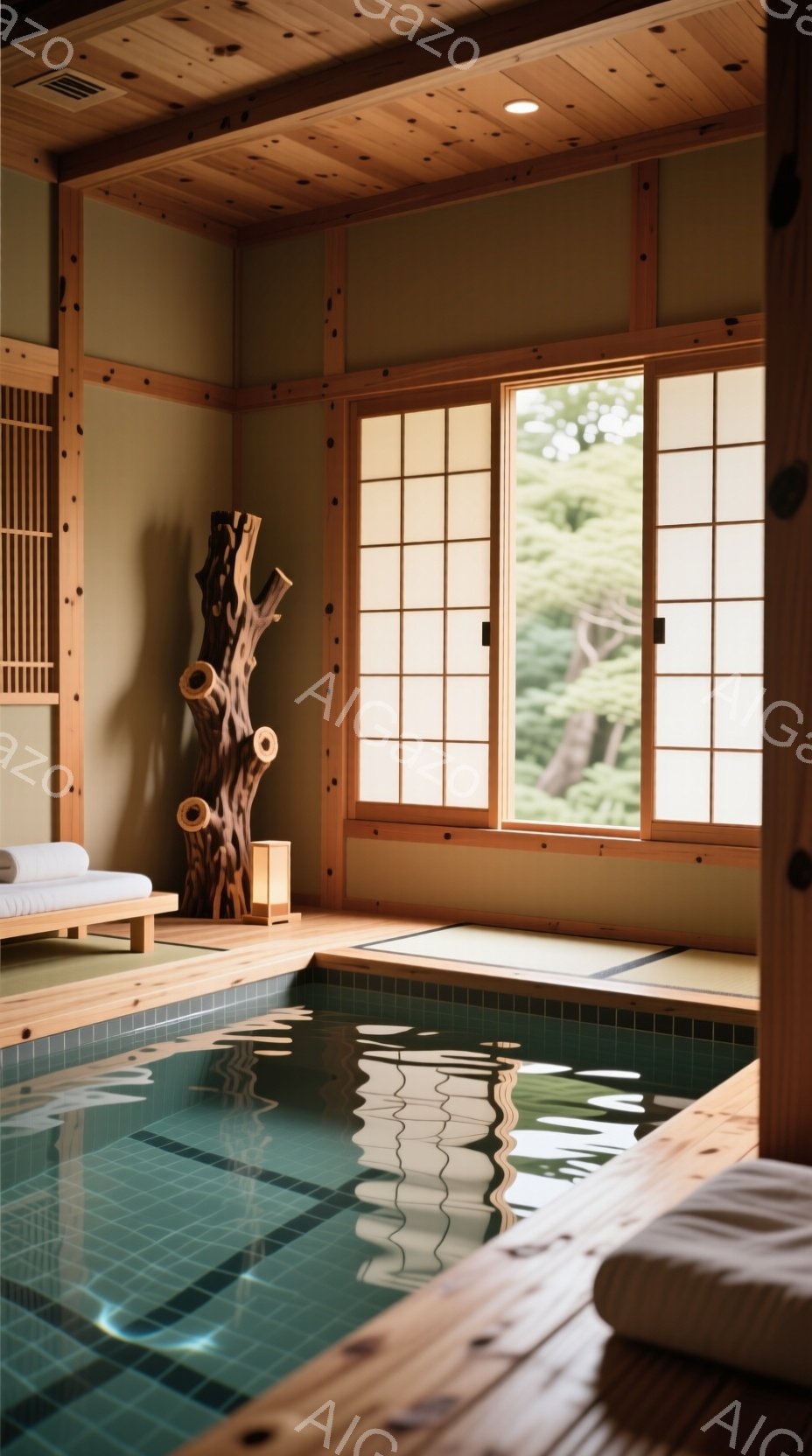 室内は落ち着いたベージュ色の壁と木製の天井で、日本の伝統的な雰囲気が漂っています。ターコイズブルーのタイル張りのプールは、窓から差し込む自然光を反射し、静かでリラックスした空間を作り出しています。プールサイドには木製の台があり、白いタオルが綺麗に折られています。