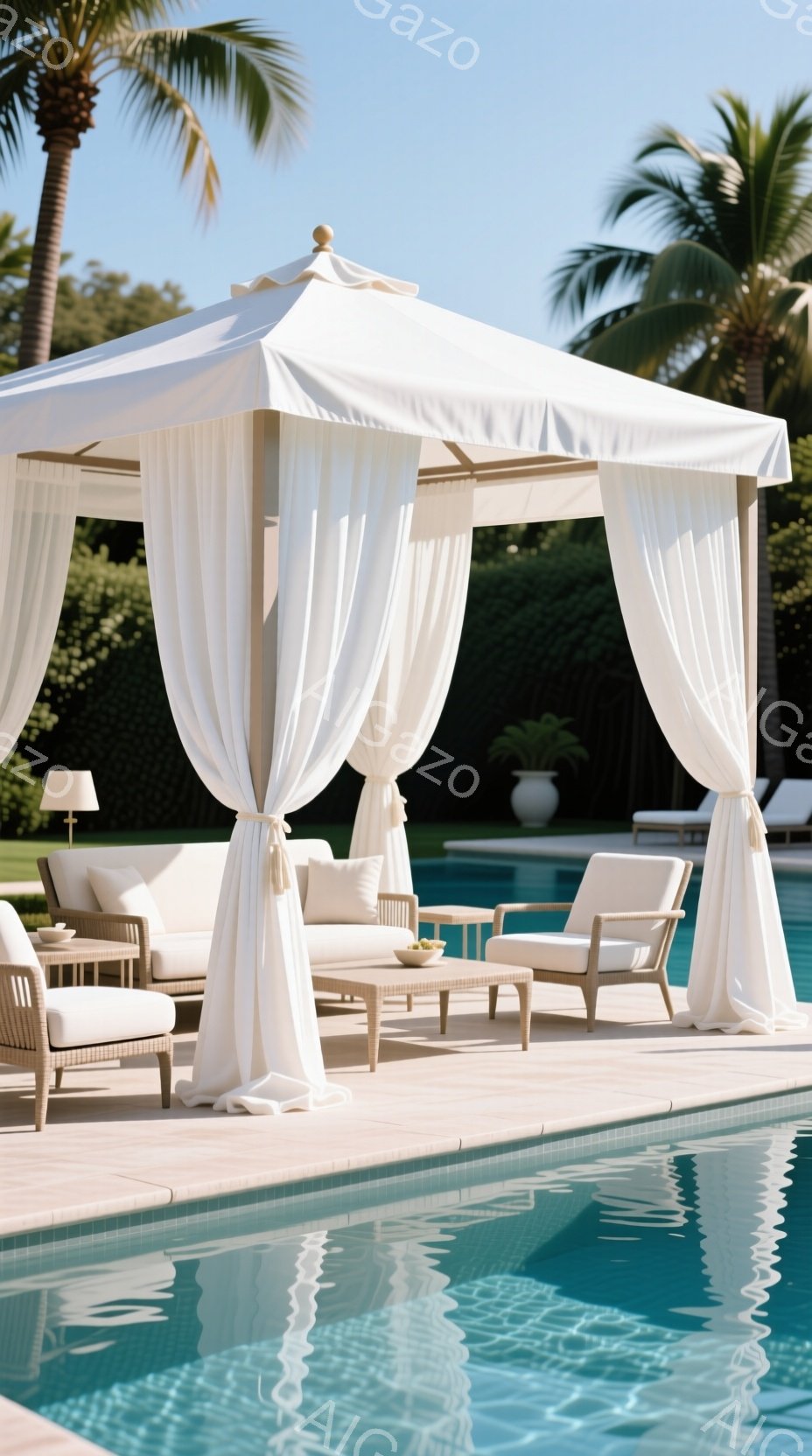 プールサイドに、白いキャノピーベッドが設置されており、優雅なリゾートの雰囲気を醸し出しています。ベッドは籐製のフレームで、白いクッションが敷かれ、快適そうな座り心地を想像させます。背景には青い空と緑豊かな植物が見え、晴れた日の穏やかな午後のような、静かでリラックスした雰囲気が漂っています。