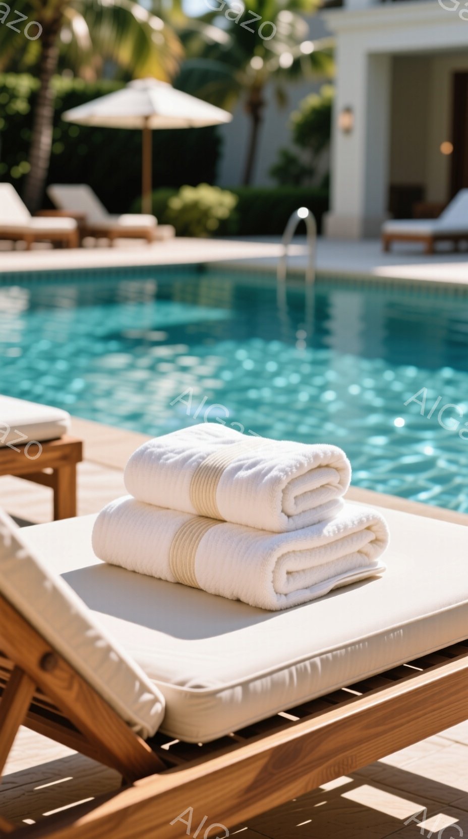 プールサイドのデッキチェアに、白くてふわふわのタオルが2枚重ねられて置かれている。背景には穏やかな青いプールと、パラソルとデッキチェアが点在するリゾートの風景が広がり、晴れた日のゆったりとした雰囲気が漂っている。木製のデッキチェアは暖色で、プールの水とのコントラストが美しい。