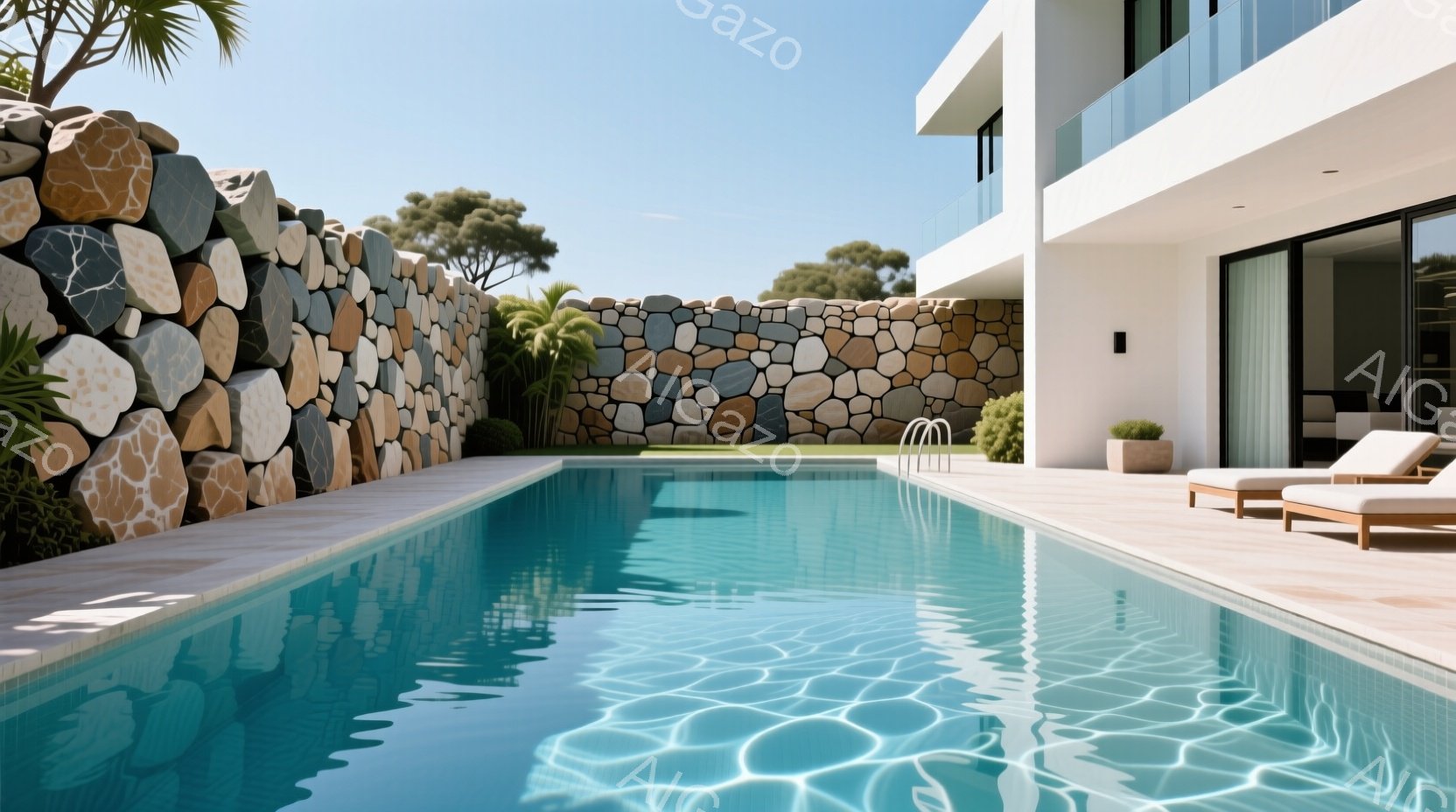 青いプールの水面が太陽光を反射し、きらきらと輝いている。背景には石積みの壁と緑豊かな植物があり、モダンな建物がプールサイドに隣接している。全体的にリラックスした、高級感のある雰囲気で、晴天の下での穏やかなひとときを表現している。