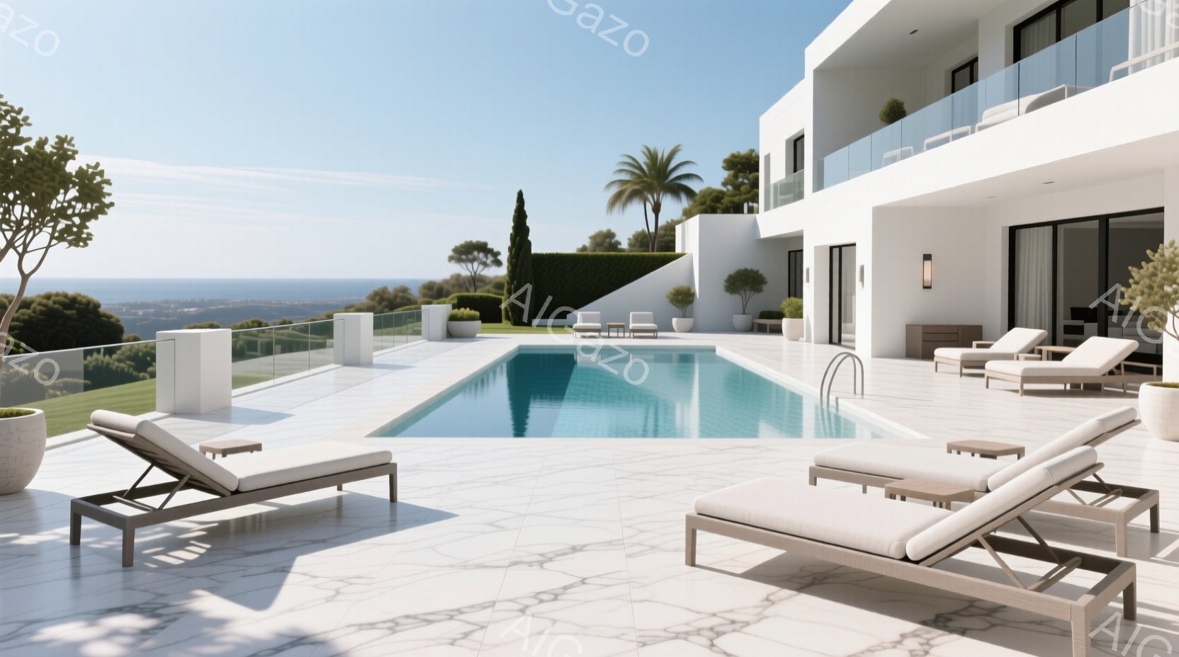 広々とした屋外プールとモダンな邸宅が印象的な風景です。白を基調としたタイル張りのテラスには、日差しを浴びながらくつろげるように、いくつかのラウンジチェアが配置されています。背後には緑豊かな植栽と、青い海を望む丘陵地帯が広がり、晴天の下、静かで高級感のある雰囲気が漂っています。