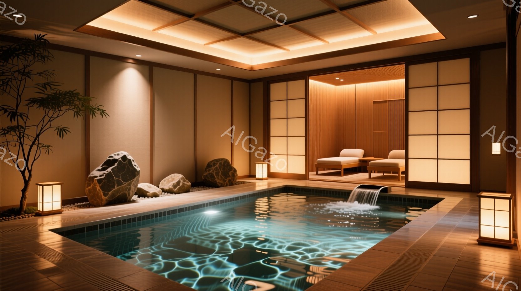 室内は、温かい光に包まれた、落ち着いた雰囲気の浴室です。水が流れる浅いプールの周りには、自然の石が配置され、奥には畳敷きの休憩スペースと椅子が見えます。全体的に、リラックスできる静謐な空間を演出しています。