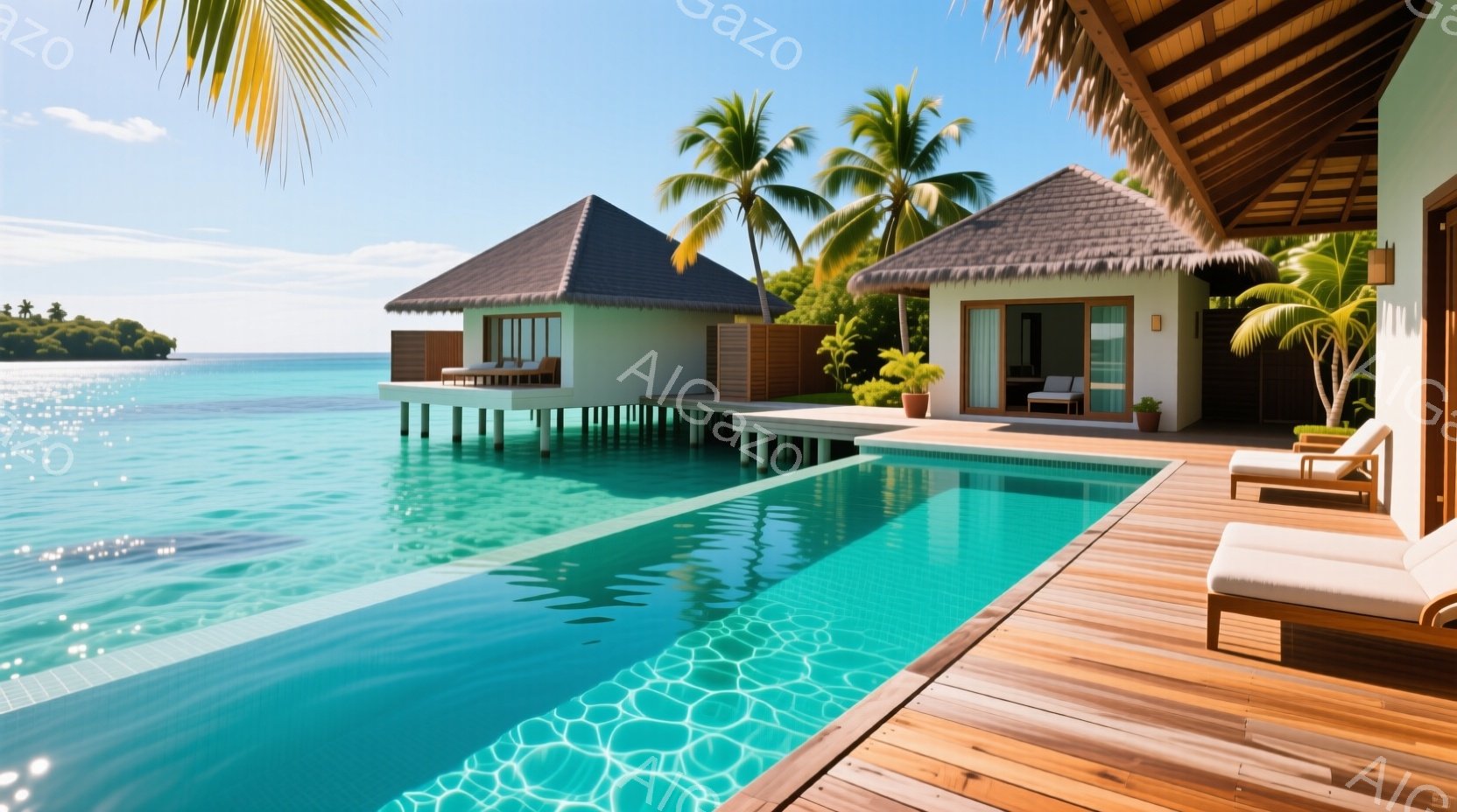 水上コテージが青い海に浮かび、ターコイズブルーのプールがコテージに隣接している様子が描かれている。木製のデッキには、リラックスできるラウンジチェアが置かれ、コテージの周囲にはヤシの木が生い茂り、穏やかな熱帯の雰囲気を醸し出している。晴天の下、太陽光が水面に反射し、絵のように美しいリゾートの風景が広がっている。