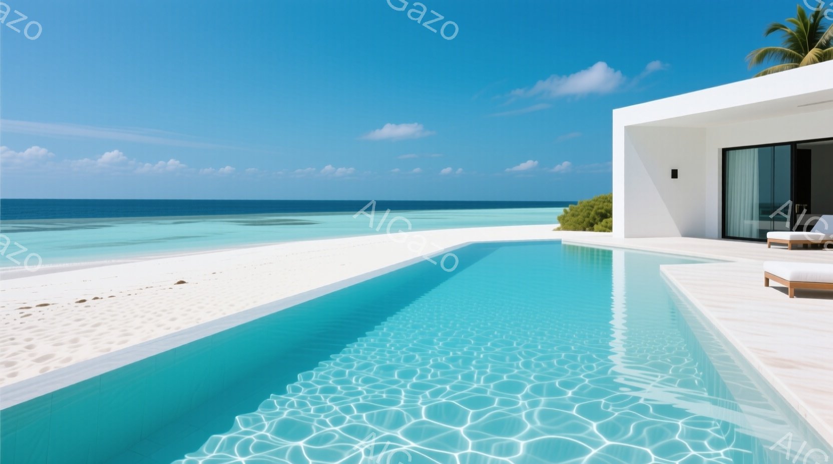 エメラルドグリーンのプールが白い砂浜と透き通ったターコイズブルーの海へと繋がる、豪華なリゾートホテルの風景です。プールの水面には太陽光が反射し、美しい光の模様が広がっています。モダンな建物とヤシの木が - AI生成フリー素材