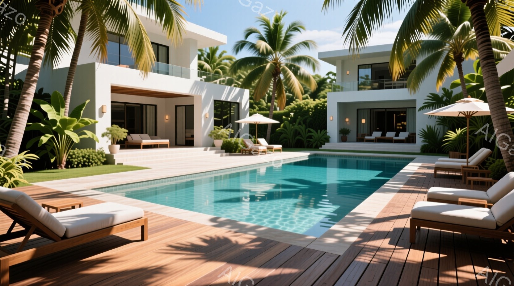 鮮やかな青色のプールが、木製のデッキと白いモダンな邸宅に囲まれています。ヤシの木や緑豊かな植生が背景に広がり、太陽の光が水面に反射してキラキラと輝いています。全体的に穏やかでリラックスした、高級リゾートのような雰囲気です。