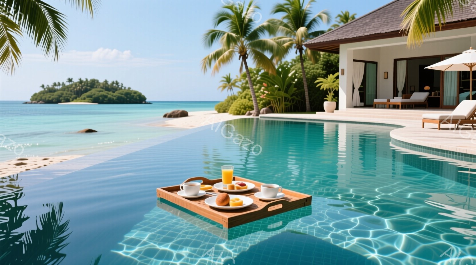 エメラルドグリーンのプールに朝食が浮かび、贅沢なリゾートの雰囲気が漂う写真です。背景には白い建物、ヤシの木、そしてターコイズブルーの海と島々が広がり、晴天の下、穏やかな時間が流れています。水面の光の反射が美しく、優雅でくつろげる様子が伝わってきます。