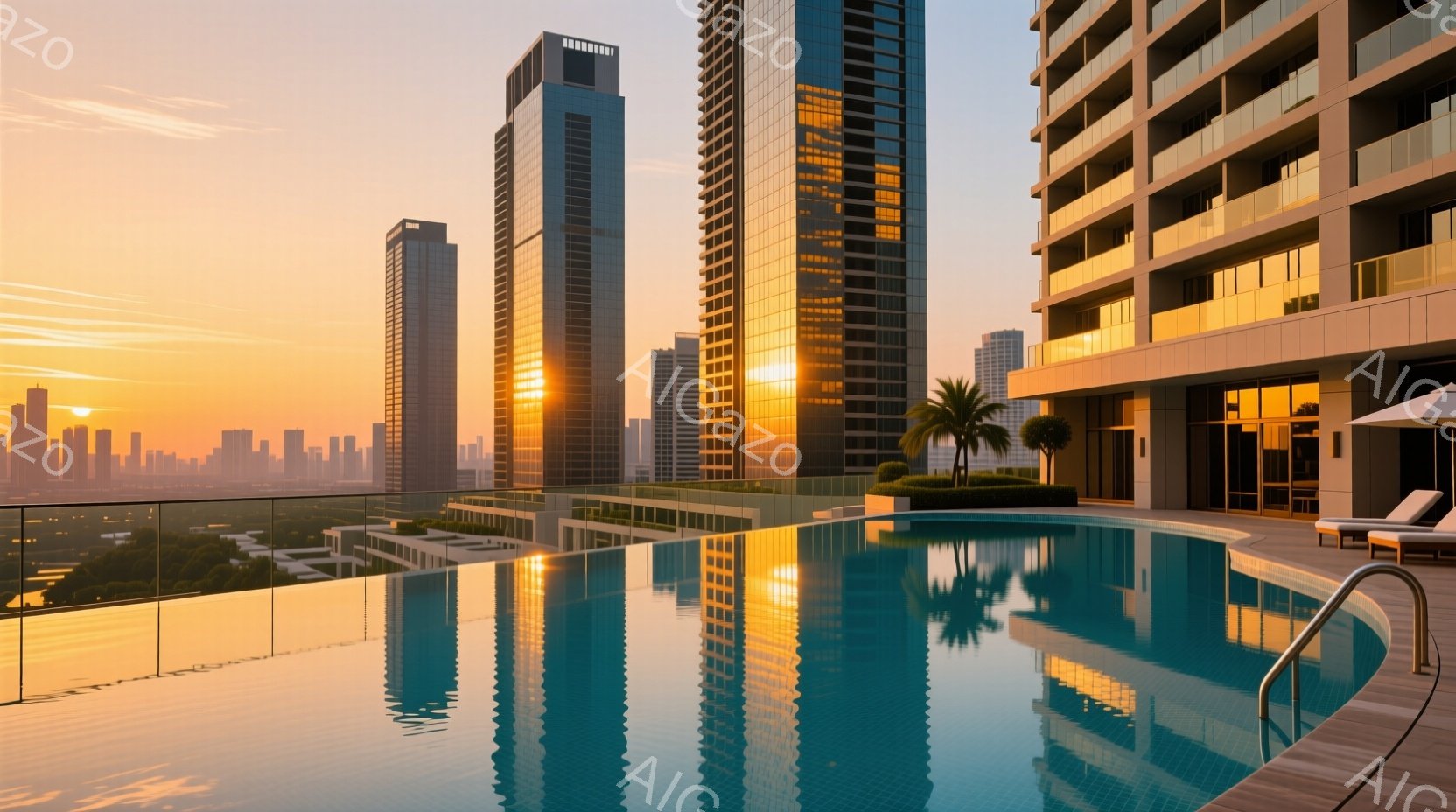 屋上プールは夕焼け空を映し出し、水面は黄金色に輝いている。高層ビル群が背景にそびえ立ち、遠くには都市のシルエットがぼんやりと見える。リゾートのような落ち着いた雰囲気で、都会の喧騒から離れた贅沢な空間を表現している。