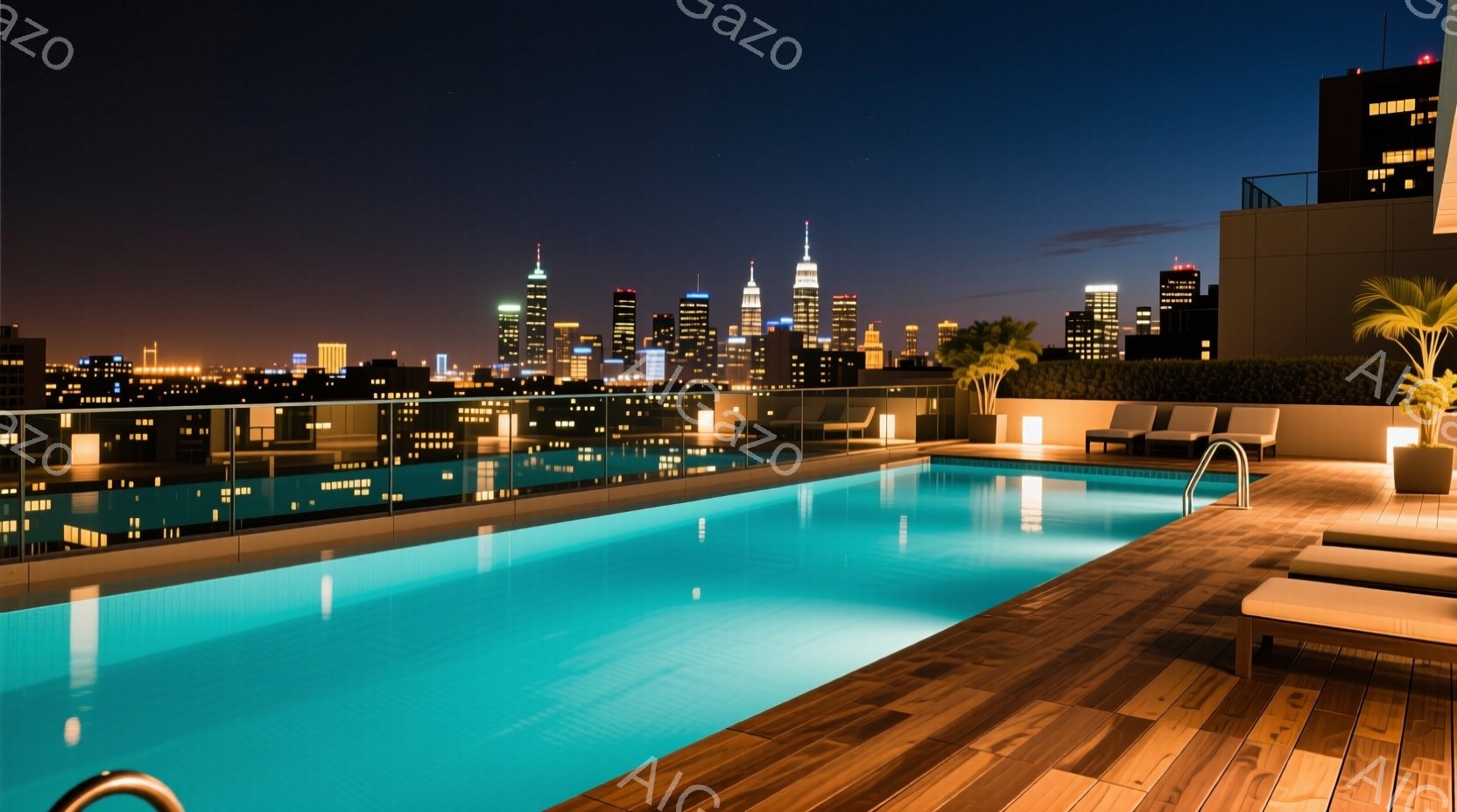 夜景を背景にした屋上のプールが印象的な写真です。プールの水はライトアップされ、鮮やかなターコイズブルーに輝き、周囲の木製のデッキと対照をなしています。遠くには高層ビル群が広がり、ニューヨークのスカイラインを思わせる都市の明かりが夜空にきらめいています。