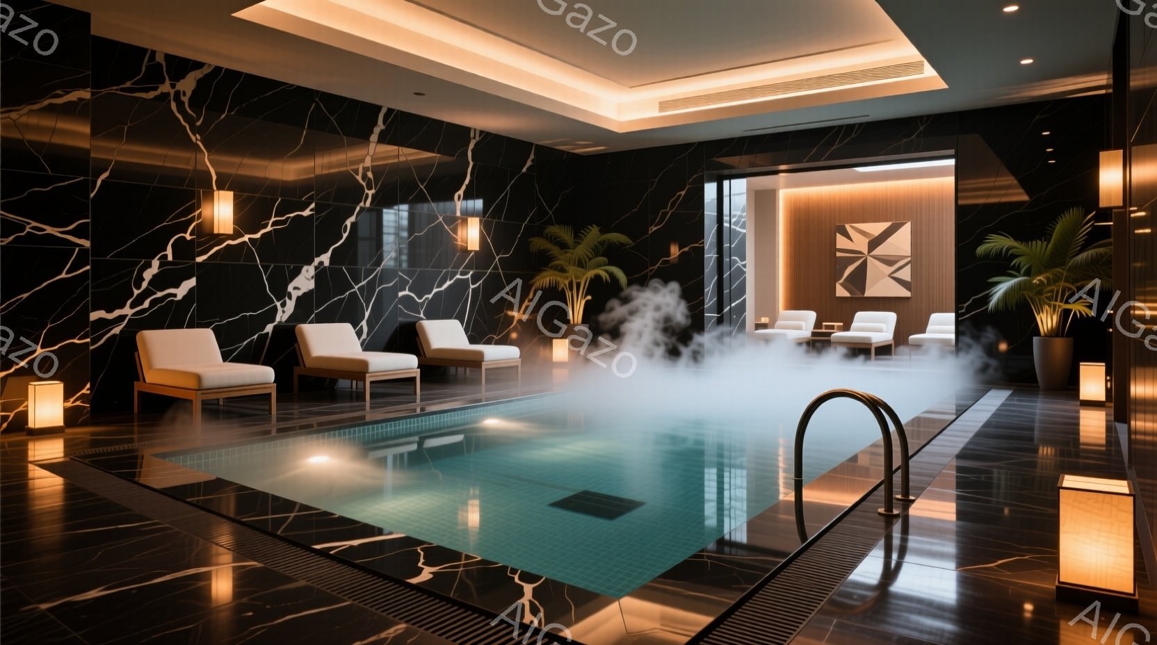 濃い大理石模様の壁に囲まれた屋内プールで、湯気が立ち込めてリラックスした雰囲気が漂っています。プールサイドにはベージュ色のラウンジチェアが置かれ、間接照明が温かみを加えています。背景にはモダンなアート作品と観葉植物が見え、高級感あふれる空間を演出しています。