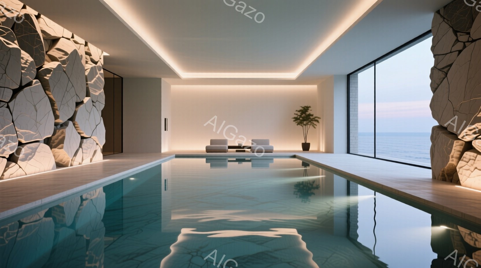 広々とした屋内プールは、大きな窓から穏やかな海が見えるように設計されています。プールの周りは、テクスチャのある石壁とシンプルなモダン家具で飾られ、リラックスした雰囲気を醸し出しています。明るい自然光が水面を照らし、清潔で落ち着いた空間を作り出しています。
