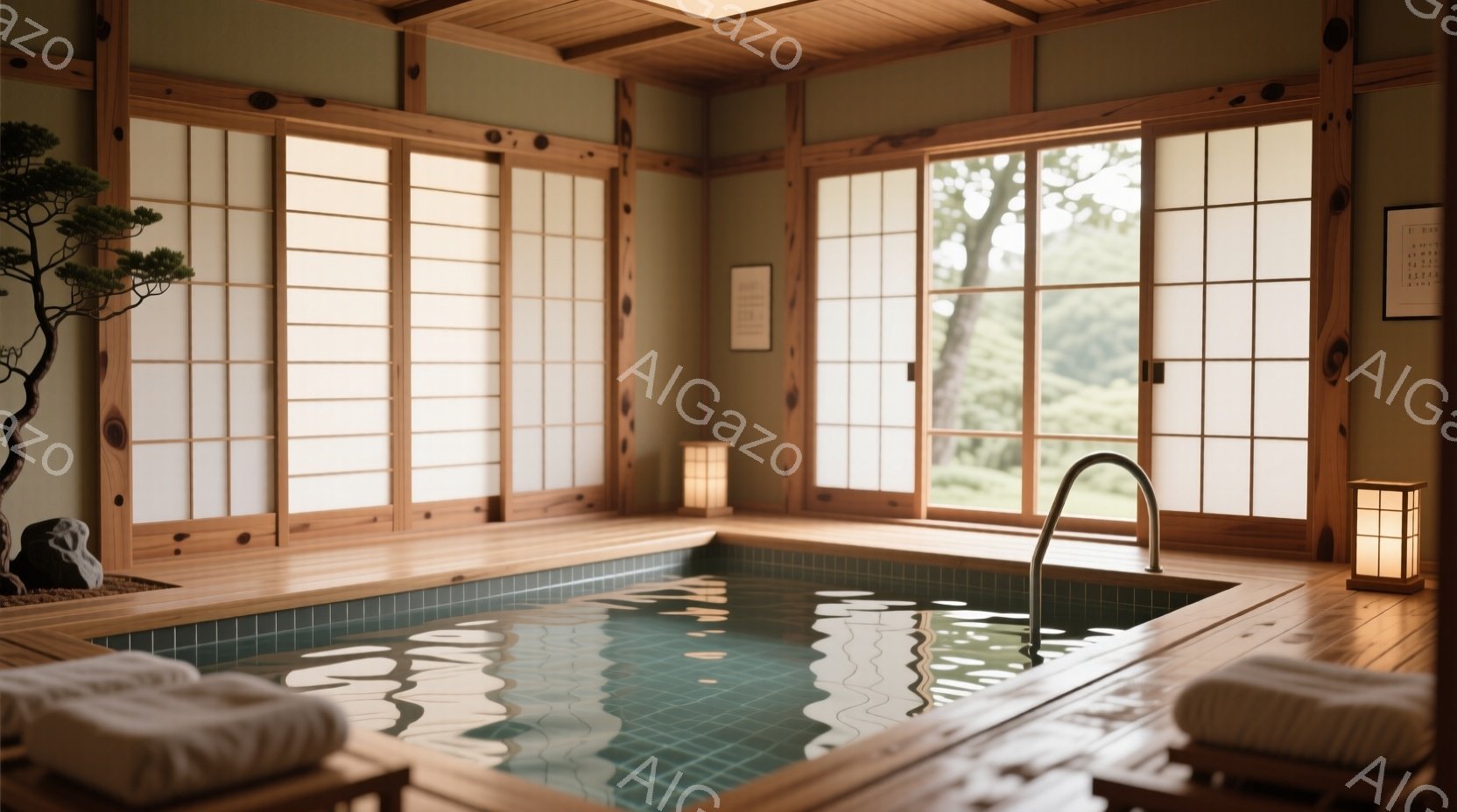 畳敷きの広い空間に、緑色のタイル張りの湯船が設置されています。障子戸越しには緑豊かな庭が見え、湯船の横には丸めたタオルが置かれ、落ち着いた和の雰囲気が漂っています。全体的に明るく、静かでリラックスできる空間です。