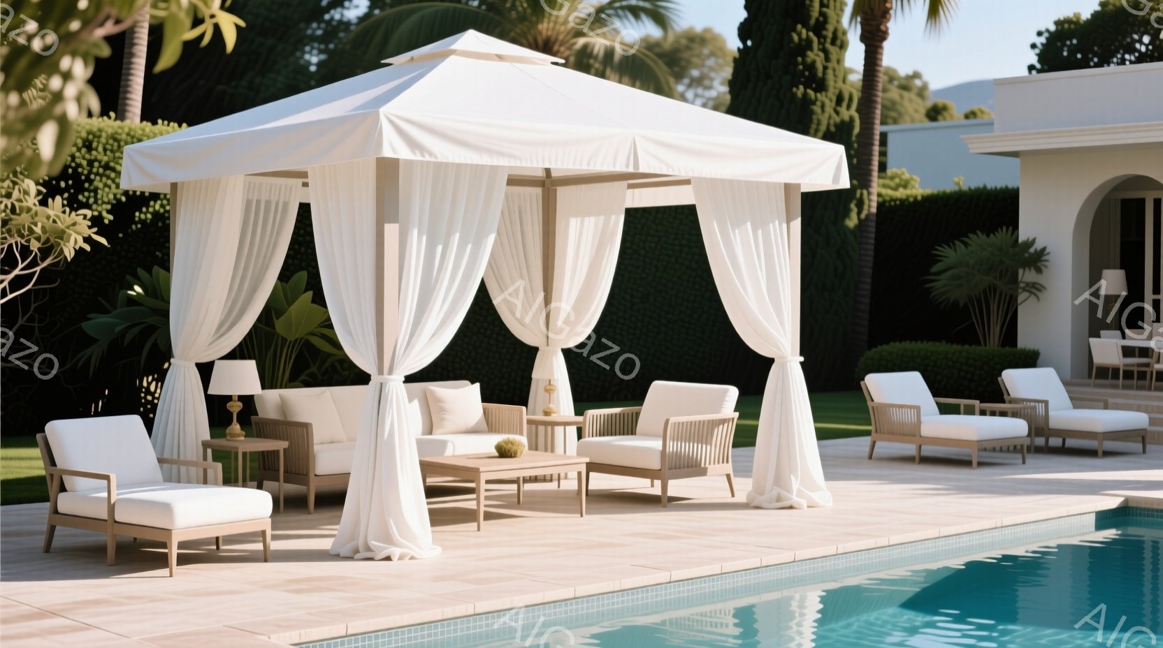 プールサイドに、白いキャノピーと家具が配置された、洗練されたリゾート空間が広がっている。キャノピーは白く、優雅なドレープが施され、ソファや椅子が配置されており、リラックスした雰囲気を醸し出している。背景には緑豊かな植物と、明るい日差しが差し込む白い建物が見え、穏やかで贅沢な休日を彷彿とさせる。