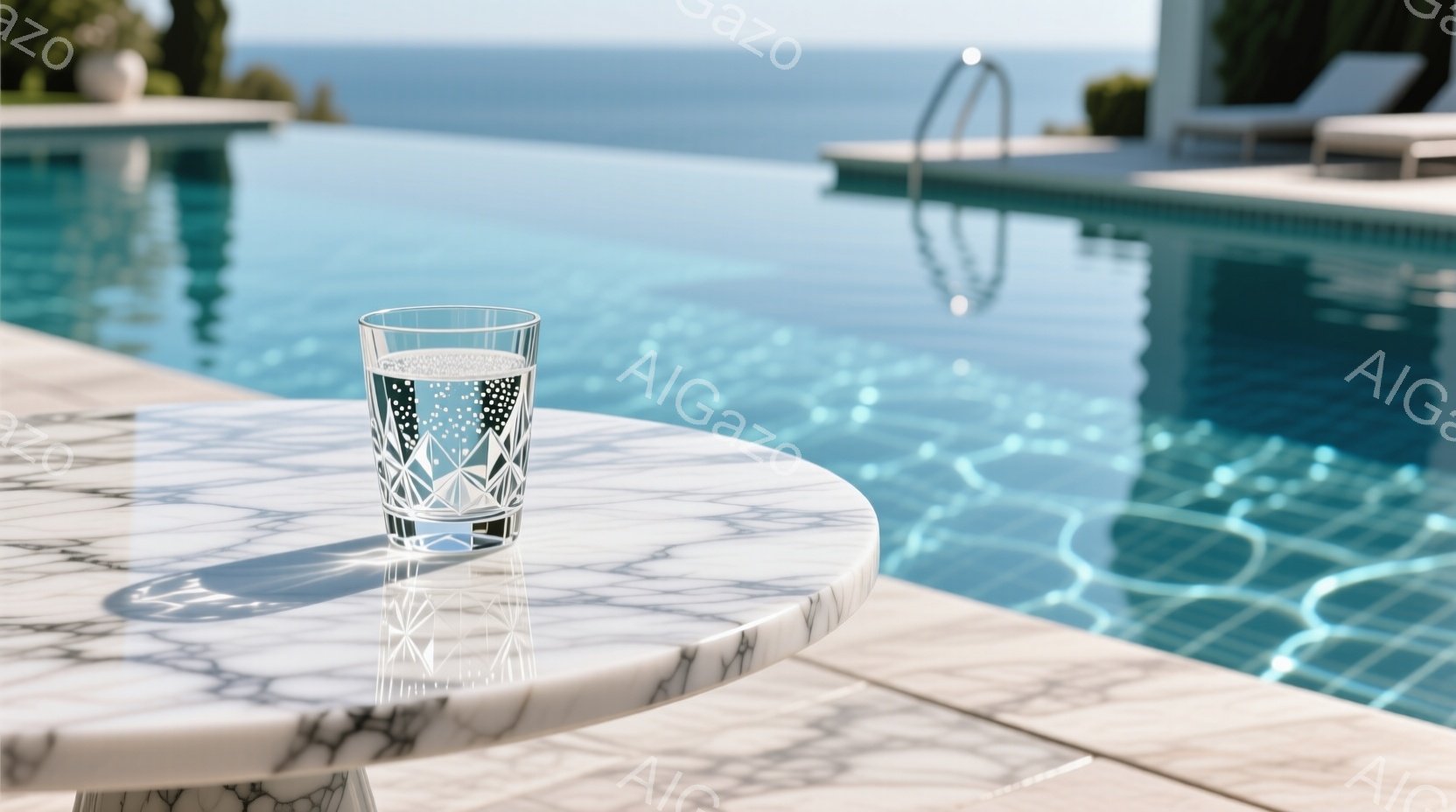 白い大理石のテーブルの上に、切り子模様のグラスに入った水が置かれています。背景にはターコイズブルーのプールと、穏やかな海が広がり、晴天の下、優雅でリラックスした雰囲気を醸し出しています。プールの縁には - AI生成フリー素材