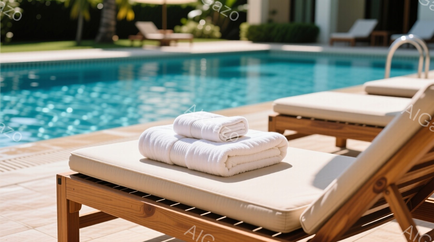 プールサイドのデッキチェアに、白く折り畳まれたタオルが2枚置かれている。背景には、穏やかな青色のプールと緑豊かな植物が見え、晴れた日のリラックスした雰囲気が漂っている。木製のデッキとクリーム色のクッシ - AI生成フリー素材