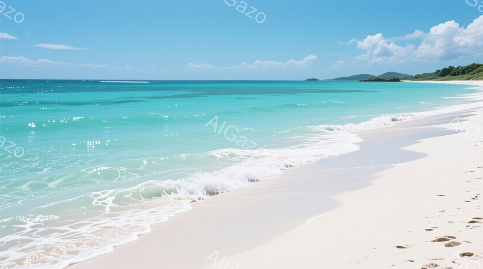 白い砂浜が広がり、エメラルドグリーンの海が穏やかに波打ち際に広がっている。遠くには緑豊かな島々が見え、晴天の下、穏やかな夏の日の雰囲気が漂う。全体的に静かで平和な、リラックスした風景だ。