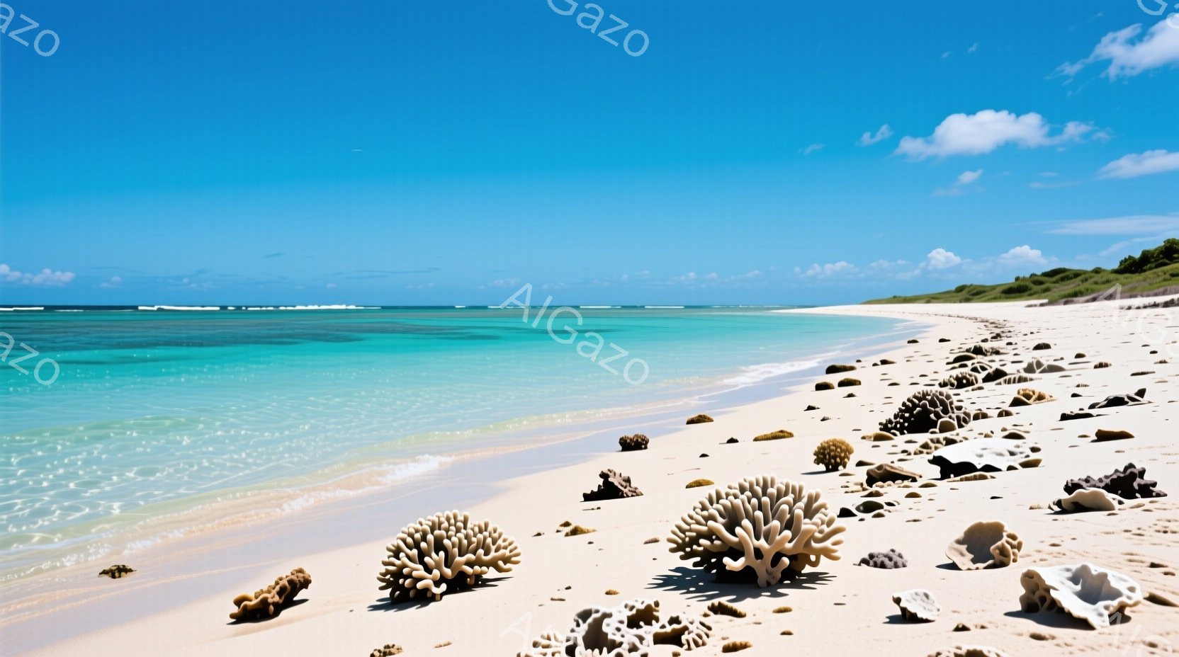 白い砂浜に様々なサンゴの破片が打ち上げられている美しい海岸線が広がっている。ターコイズブルーの透明な海と、遠くに見える緑の帯状の陸地が印象的で、晴天の下、穏やかな波が打ち寄せている。全体的に静かで穏や - AI生成フリー素材