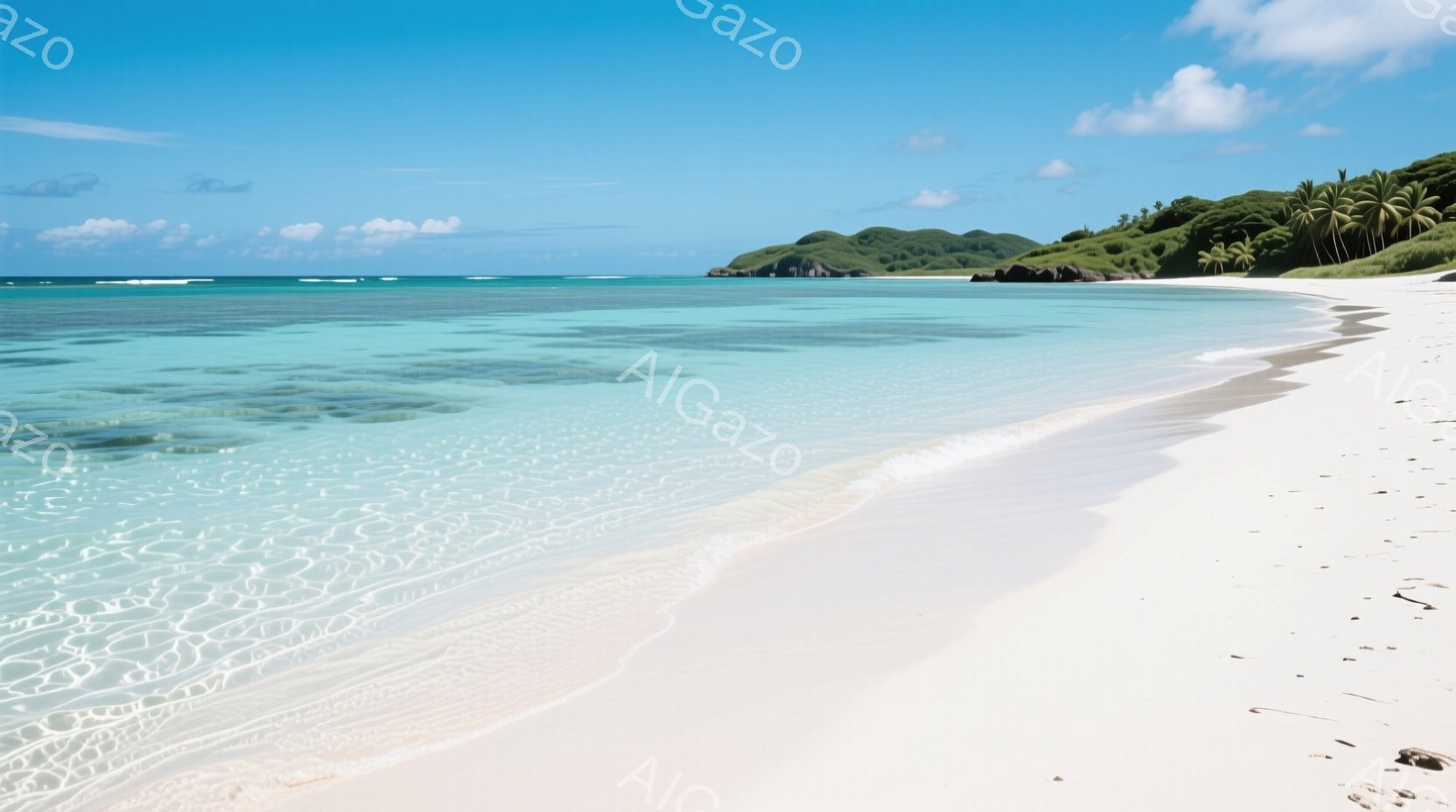 白い砂浜が広がり、ターコイズブルーの透明な海が穏やかに波打ちます。遠くには緑豊かな丘陵が見え、ヤシの木が点在し、南国リゾートの雰囲気を醸し出しています。空は青く、雲一つなく、晴れた日の静かで穏やかな情景が広がっています。