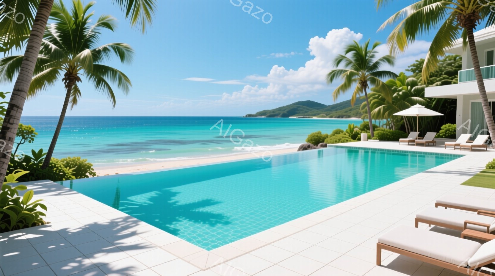 エメラルドグリーンの海を見下ろすインフィニティプールが印象的な風景です。白いタイルのプールサイドには、日よけ付きのデッキチェアが配置され、リラックスした雰囲気を醸し出しています。背景には緑豊かな丘と青い空が広がり、高級リゾートの穏やかな休日を連想させます。