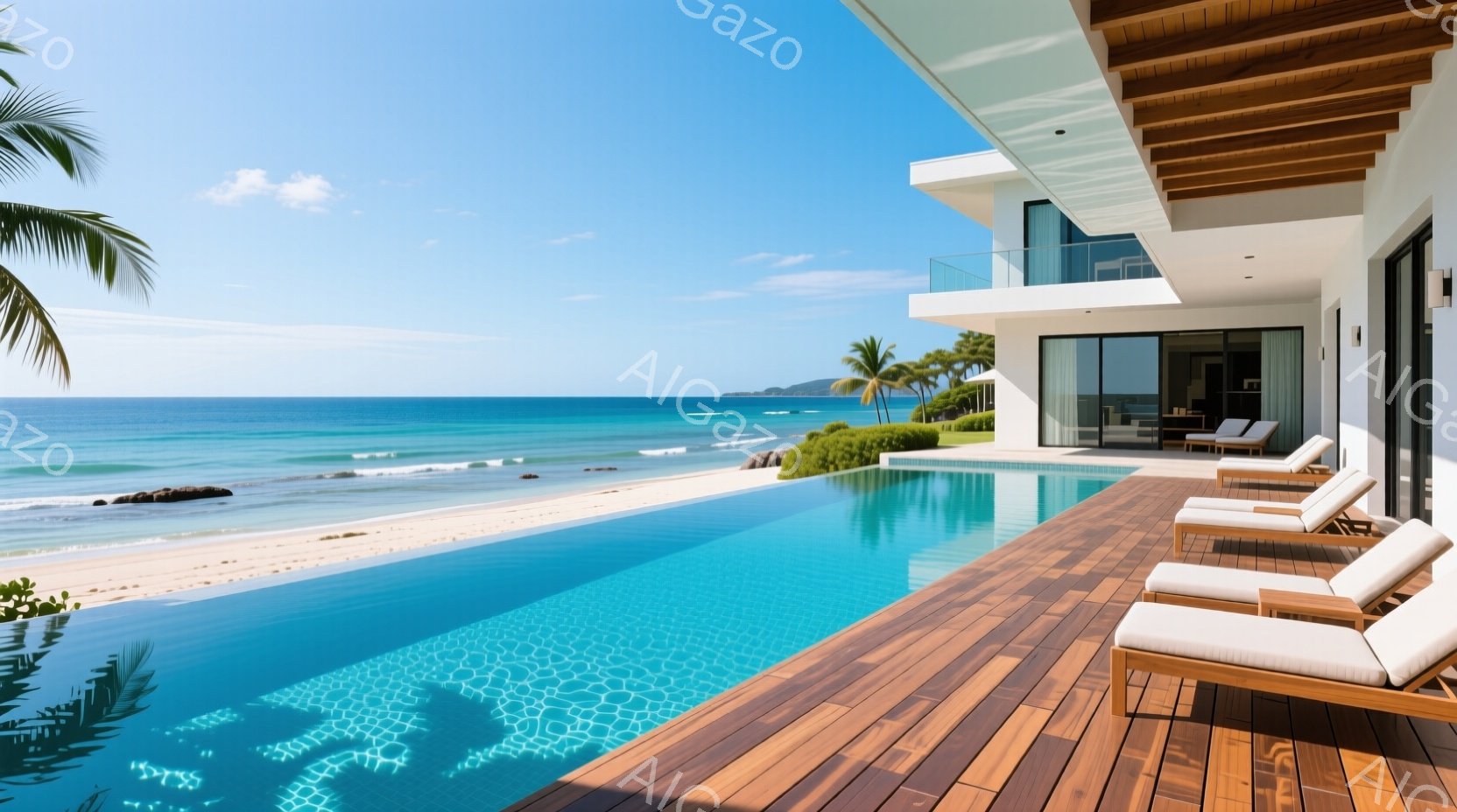 ターコイズブルーのプールが、白い砂浜とエメラルドグリーンの海と一体化しており、豪華なリゾートホテルのプールサイドが広がっている。木製のデッキには白くゆったりとしたラウンジチェアが並び、リラックスできる雰囲気を醸し出している。背景には近代的な建築様式のホテルが立ち並び、晴天の下、穏やかな海が広がり、熱帯の楽園を思わせる。