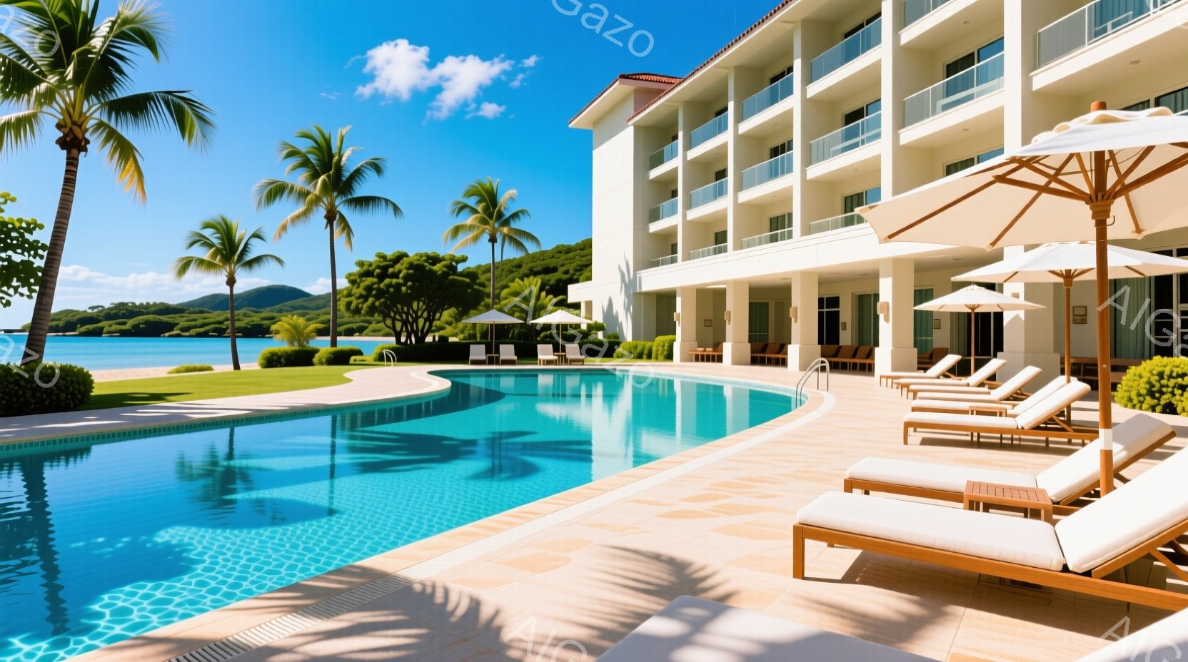 澄んだ青いプールが、リゾートホテルの前に広がっています。プールサイドには、白いパラソルとリクライニングチェアが並び、ゆったりとした時間が流れている様子が伺えます。背景には、青い海と緑豊かな山々が広がり、晴天の下、リラックスした雰囲気を感じさせます。