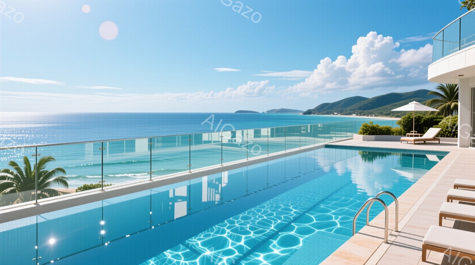 広々としたインフィニティプールが、ターコイズブルーの海を見下ろす高級リゾートの風景です。白い建物と、パラソルが置かれたプールサイドのデッキチェアが、リラックスした雰囲気を醸し出しています。晴天で穏やかな波が打ち寄せ、遠くには緑豊かな山々が広がっており、贅沢なバカンスにぴったりの景色です。