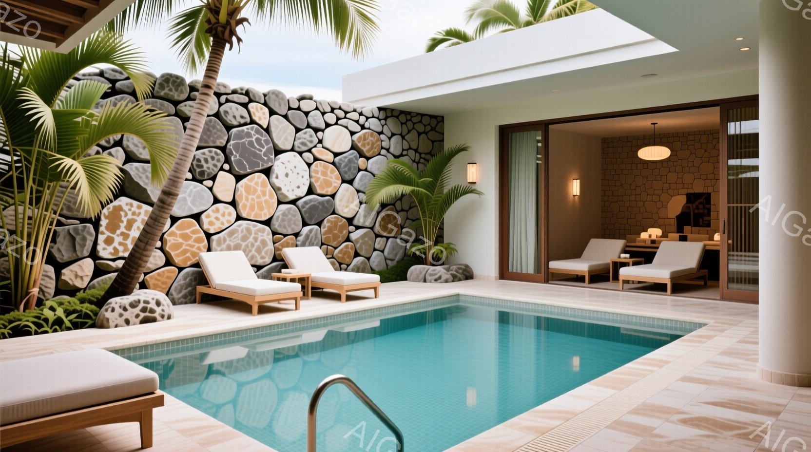 プライベートプールのあるリゾートの空間が広がっている。明るいターコイズブルーのプールは、周囲のクリーム色のタイルとコントラストをなし、リラックスした雰囲気を醸し出している。背景には石造りの壁と緑豊かな植物があり、高級感と自然の安らぎが調和している。