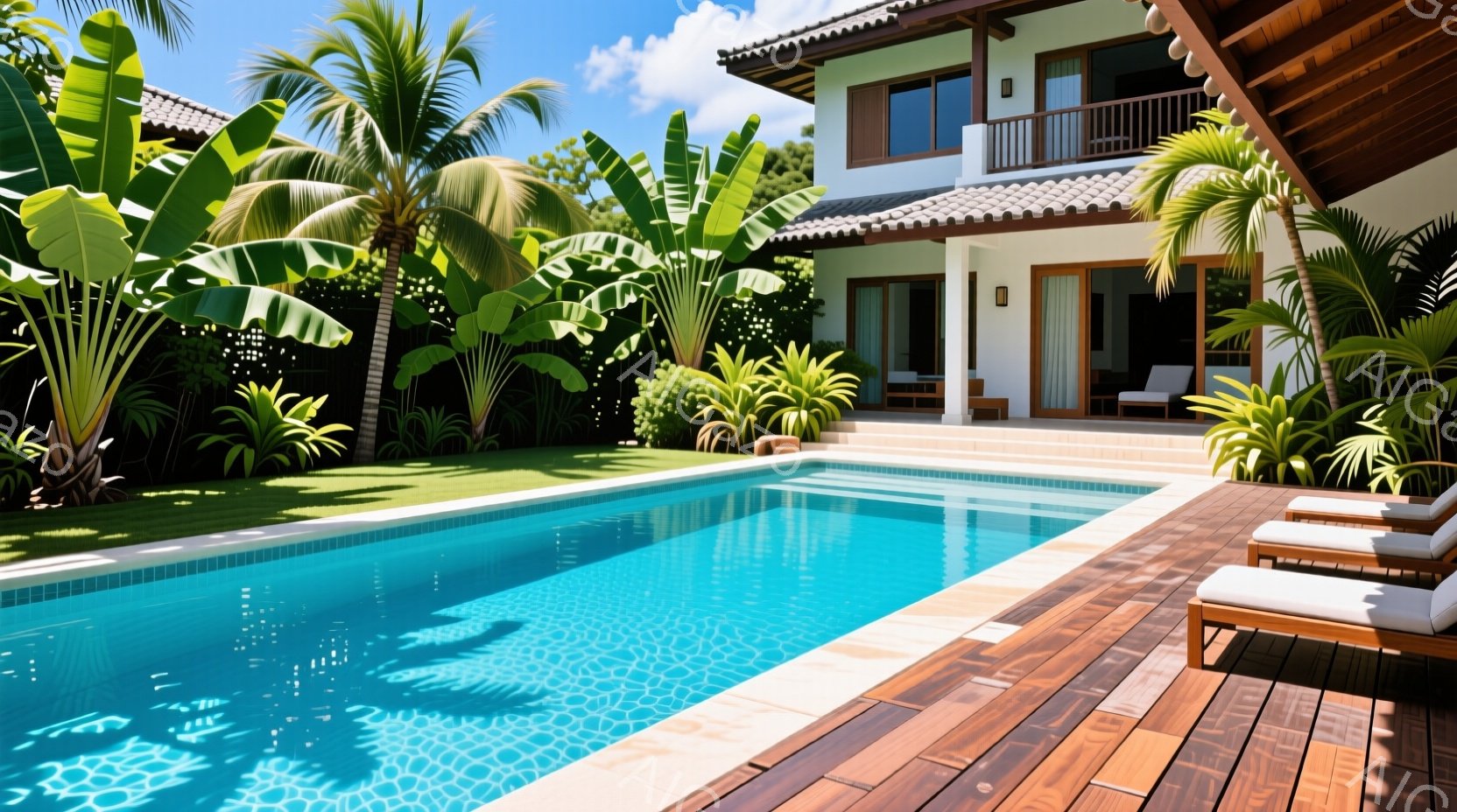 広々としたプールが、木製のデッキと緑豊かな熱帯植物に囲まれており、高級リゾートの雰囲気を醸し出しています。白い壁に茶色の屋根の建物がプールバックグラウンドに建ち、落ち着いた雰囲気を作り出しています。晴 - AI生成フリー素材