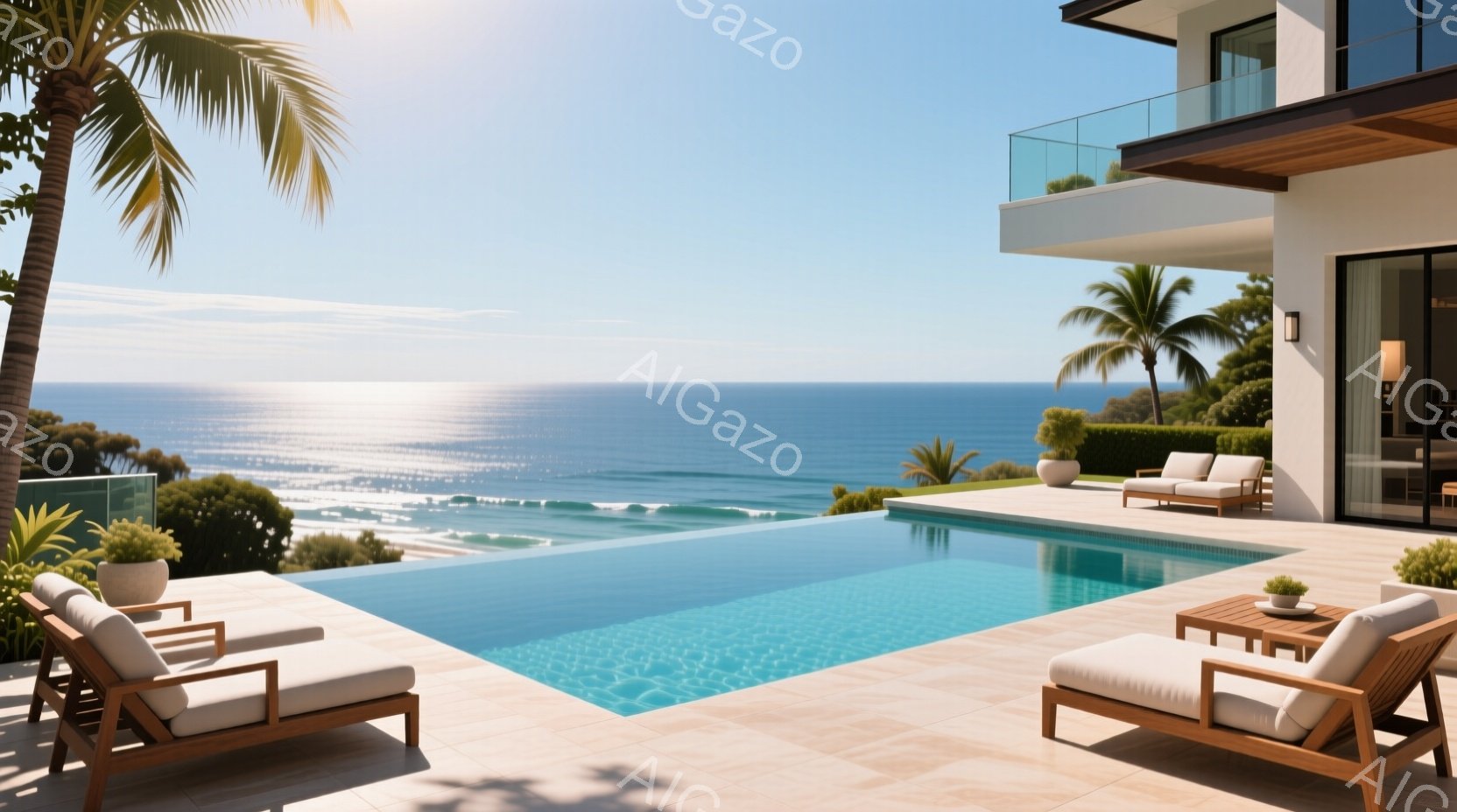 広大な海を見下ろす、モダンな邸宅のプールサイドが描かれています。明るい日差しが水面に反射し、ターコイズブルーの水が印象的です。周囲には、リラックスできるラウンジチェアと緑豊かな植栽が配置され、穏やかで高級感のある雰囲気が漂っています。