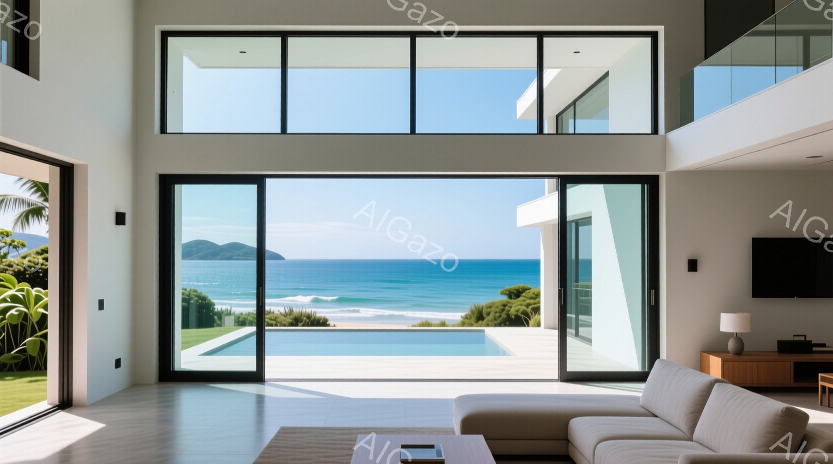 広々としたリビングルームからは、ターコイズブルーの海と白い砂浜が広がる絶景が見渡せる。大きな窓からは太陽光が差し込み、明るく開放的な空間を作り出している。モダンな家具とシンプルな内装が、リラックスした雰囲気と高級感を演出している。