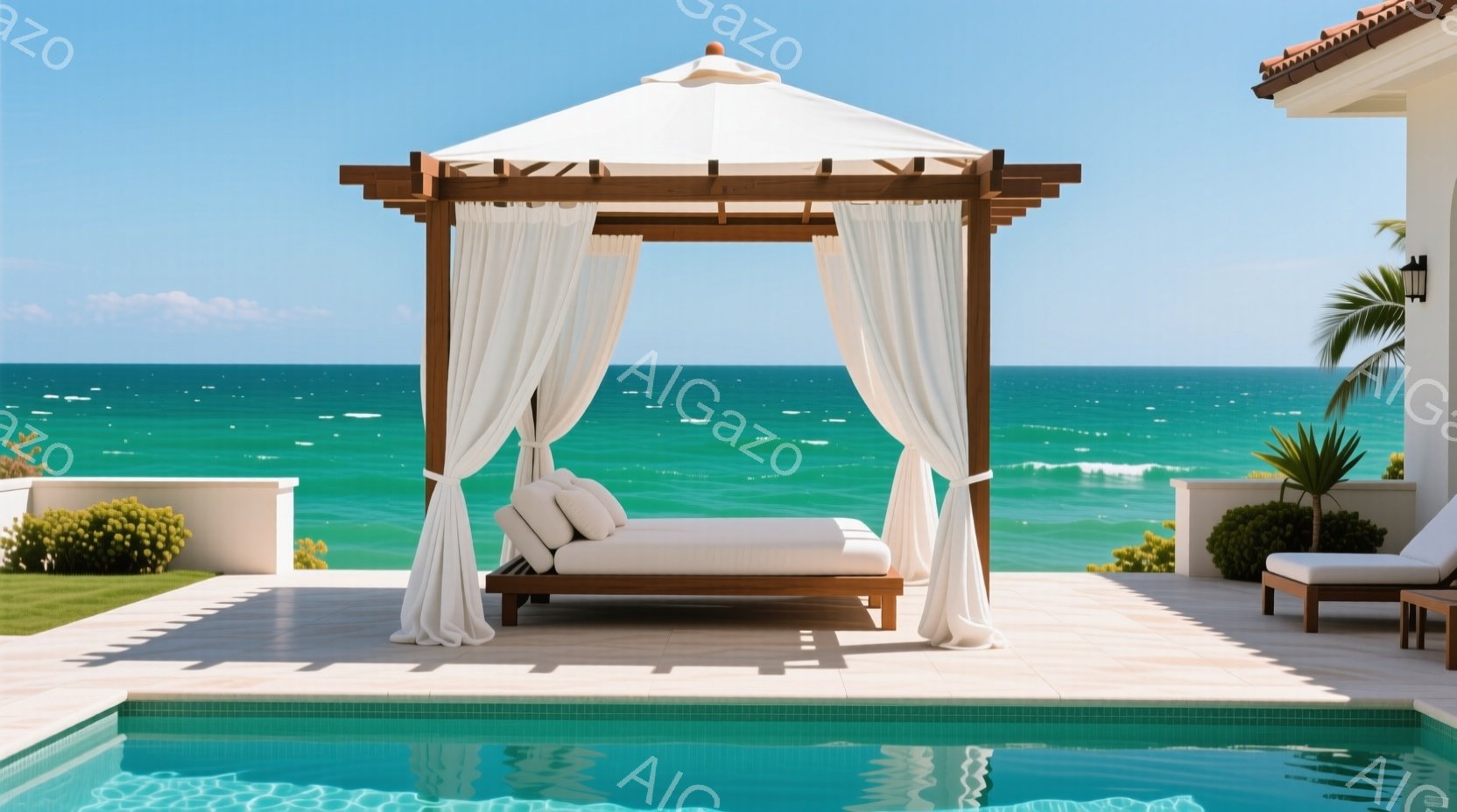ターコイズブルーの海を見下ろす、明るい日差しのプールサイドに木製のキャノピーベッドが設置されている。白いドレープが風に揺れ、ベッドの上にはふかふかのクッションが並べられている。背景には緑豊かな植物と、 - AI生成フリー素材