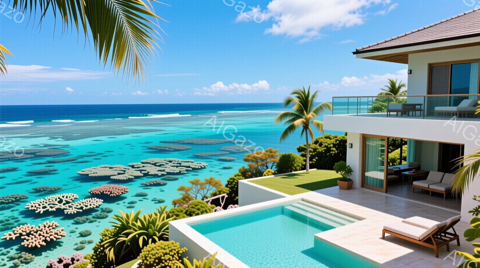 ターコイズブルーの海と白い砂浜が広がるリゾートの様子が描かれています。モダンな白い建物には、プールとテラスがあり、リラックスした雰囲気を醸し出しています。背景には緑豊かな植物とヤシの木が見え、晴天の下、穏やかで贅沢な休日を連想させます。
