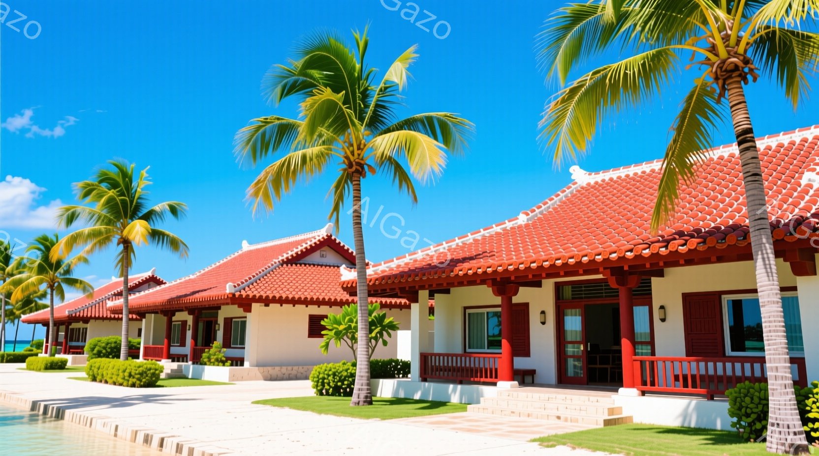 白い建物が並び、赤い屋根が印象的なリゾート地の風景です。青い空と緑の芝生、そしてヤシの木が南国の雰囲気を強調しています。穏やかな水面と明るい日差しが、リラックスした穏やかなムードを醸し出しています。