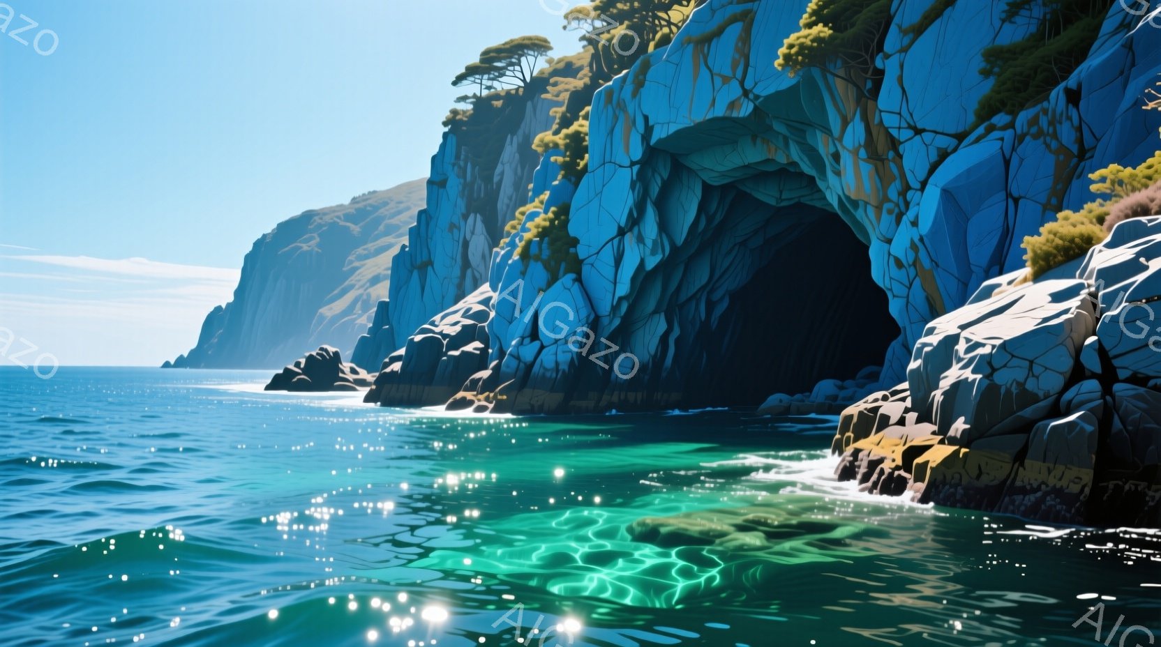 紺碧の海に切り立った岩場が印象的な風景です。岩肌には緑の植生が点在し、海面には太陽光が反射してきらきらと輝いています。全体的に静かで穏やかな雰囲気が漂い、自然の雄大さを感じさせます。