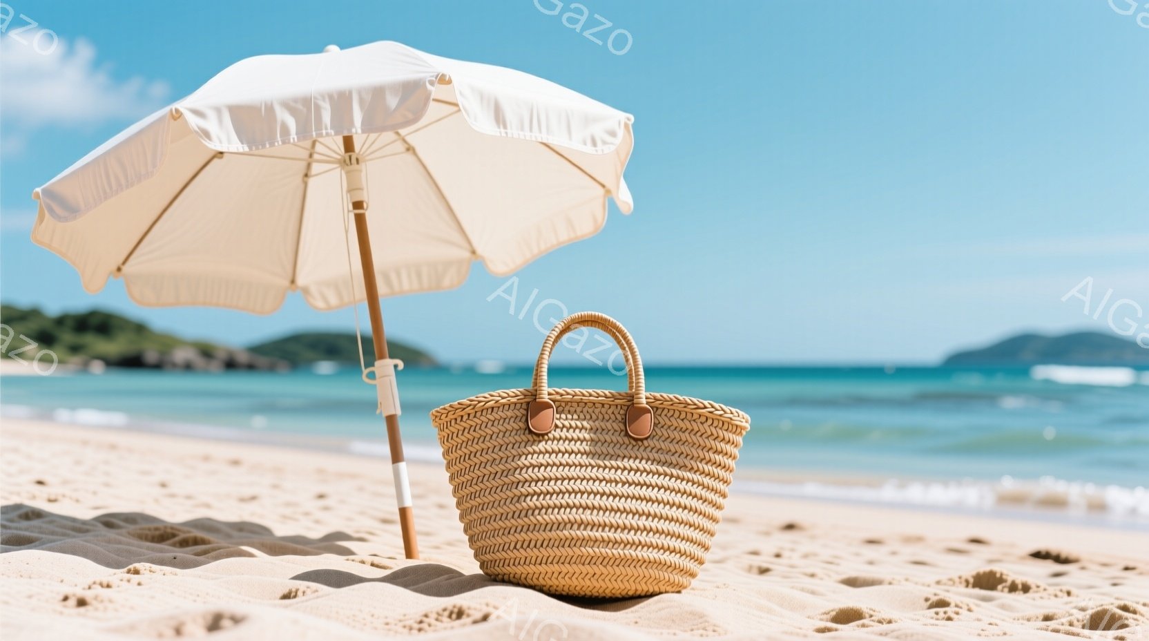砂浜に、麦わらで編まれたかごが置かれ、その隣にはオフホワイト色のパラソルが立てられている。背景にはターコイズブルーの海が広がり、遠くには緑豊かな丘が見える穏やかな晴天の日である。全体的に、リラックスした夏のバカンスの雰囲気が漂っている。