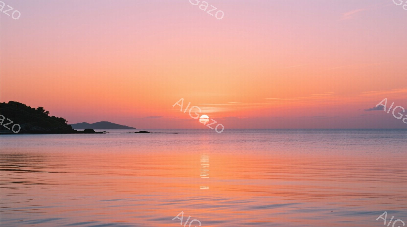 静かな海面に夕日が反射し、オレンジとピンクの色合いが広がっている。遠くには山並みが小さく見えるが、海面は穏やかで、波のきらめきが心地よい雰囲気を作り出している。全体的に、平和でリラックスした、優しい光 - AI生成フリー素材