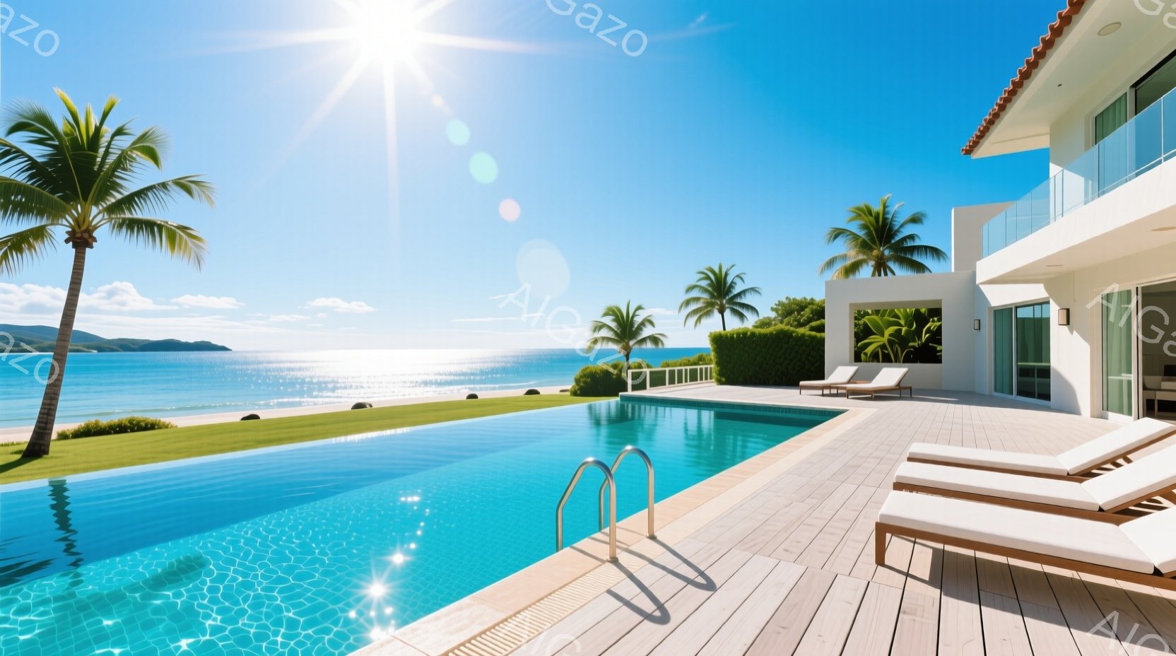 ターコイズブルーのプールが広がり、白いデッキチェアが並べられた豪華な邸宅の風景です。背景には青い海と緑の生い茂った木々、そして晴天の青空が広がっており、リゾート地のような贅沢な雰囲気を醸し出しています。全体的に暖かく、静かで、穏やかな時間が流れるような、洗練された印象を与えます。