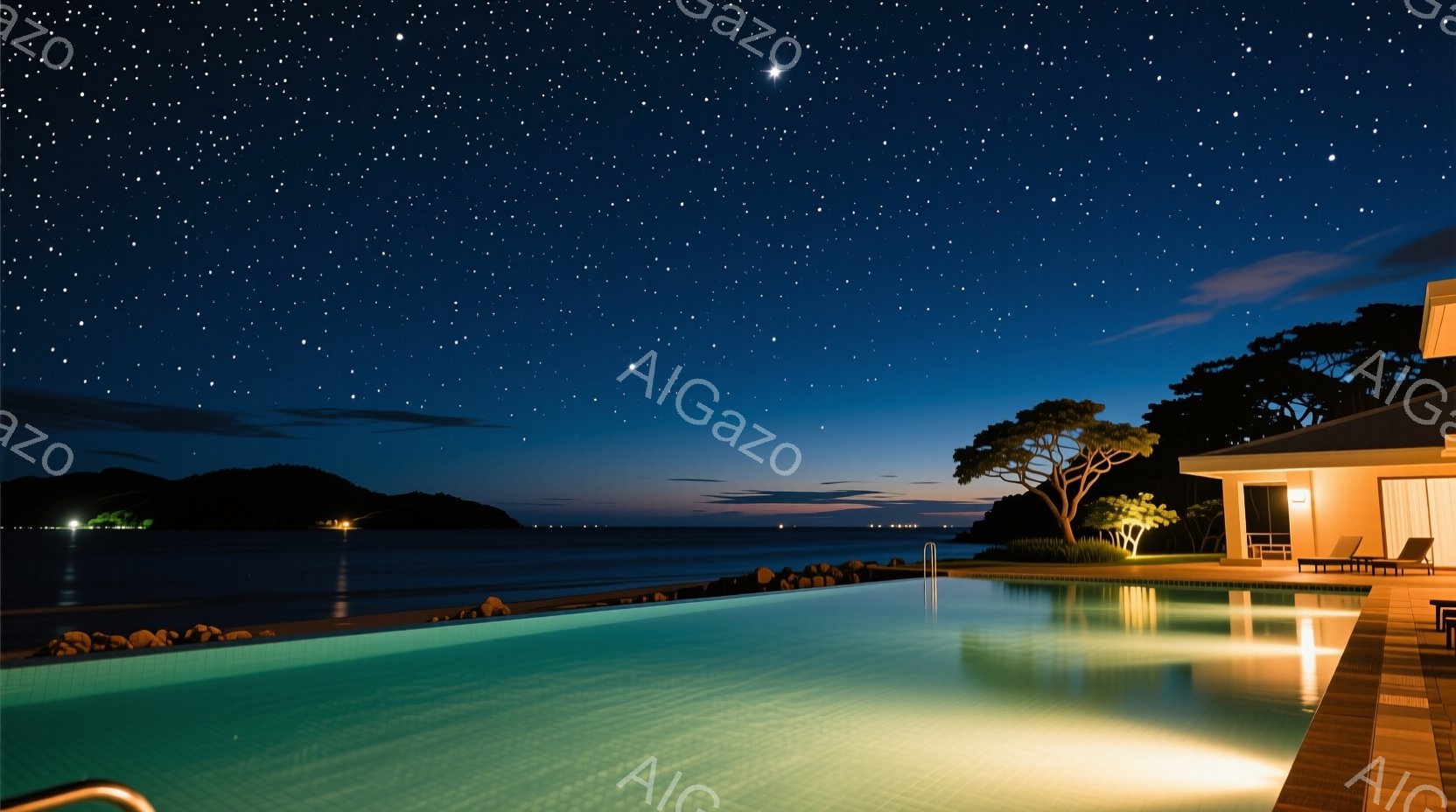 夜の海岸線に面したプールが印象的な風景です。プールの水面は青く光り、水中のタイルも確認できます。背景には暗い山々と、遠くの街の明かり、そして満天の星空が広がっており、静寂で幻想的な雰囲気を醸し出しています。