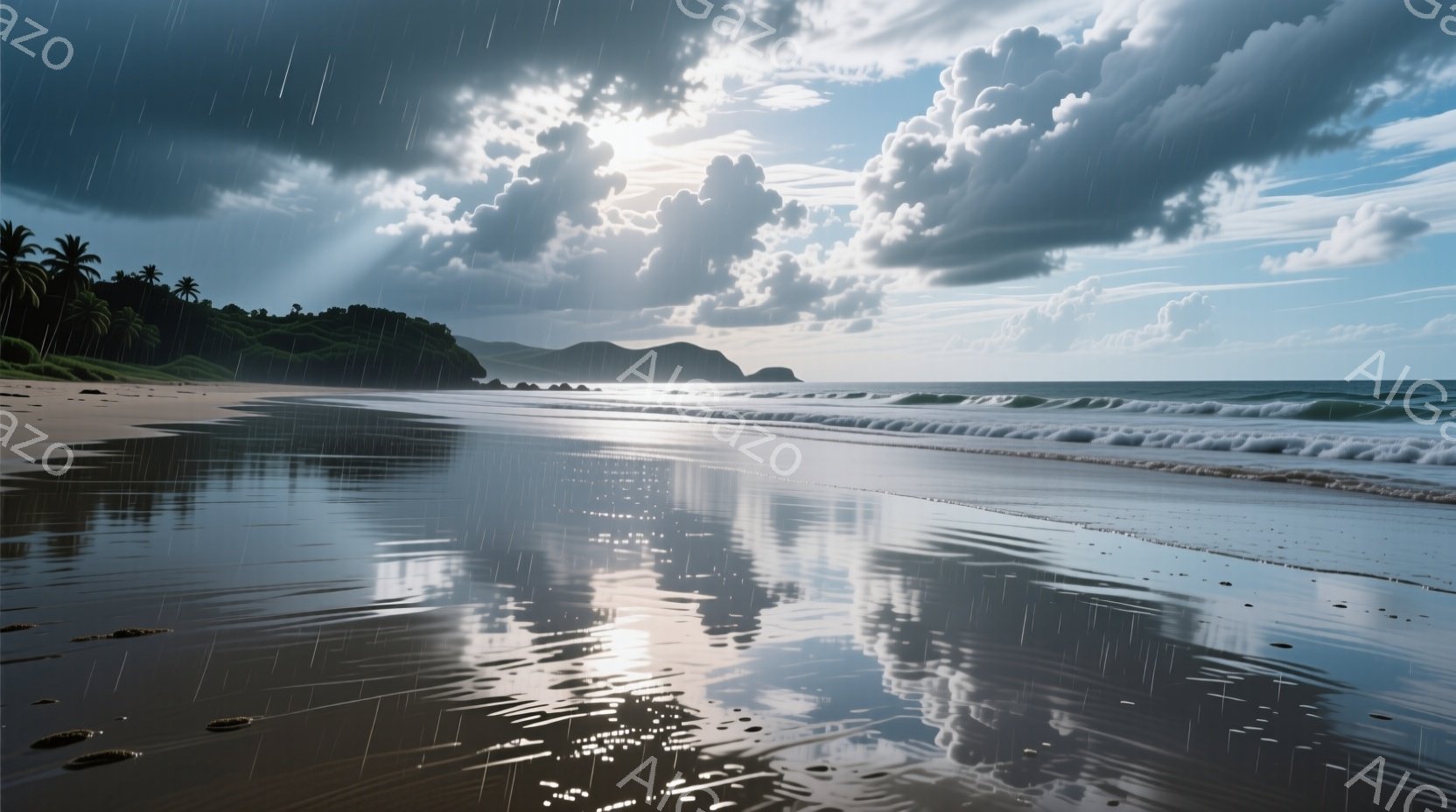 荒涼とした砂浜が広がり、雨粒が水面に反射してキラキラと輝いている。遠くには緑豊かな山々と、打ち寄せる波が見え、重厚な雲が空を覆っている。全体的に静かで物憂げな雰囲気が漂い、雨の日の自然の美しさを捉えている。