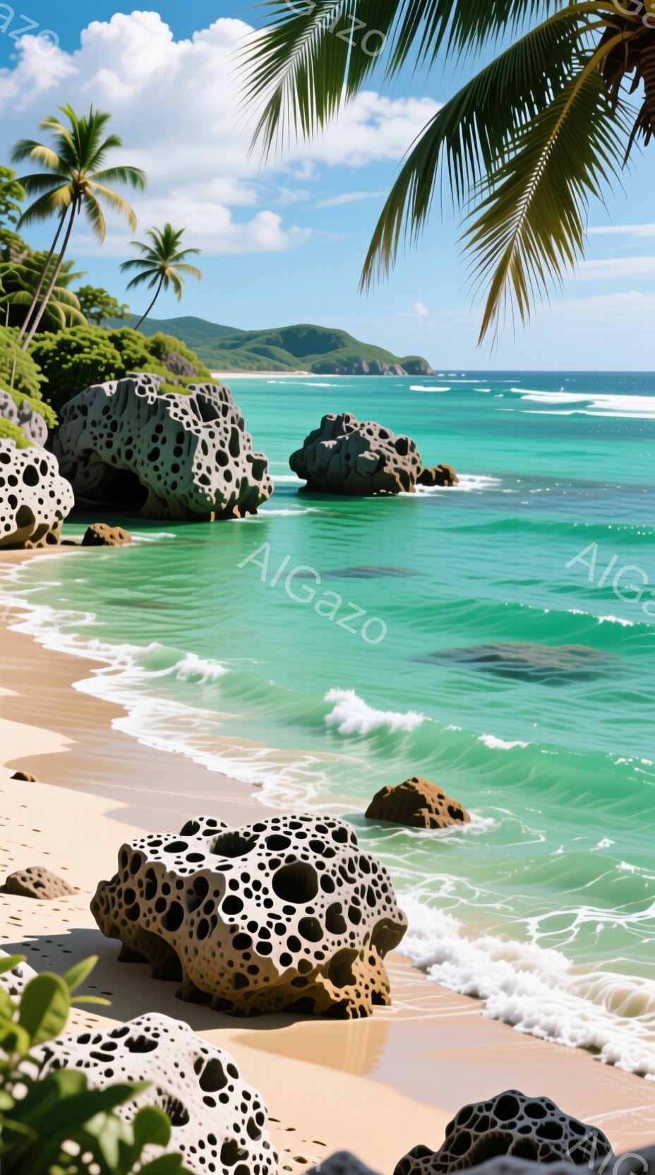 砂浜には、穴あき岩が点在し、エメラルドグリーンの海と白い波が美しい風景が広がっています。背景には緑豊かな山々が見え、晴天の下、穏やかな時間が流れています。ヤシの葉が画面上部から伸びており、熱帯の雰囲気 - AI生成フリー素材
