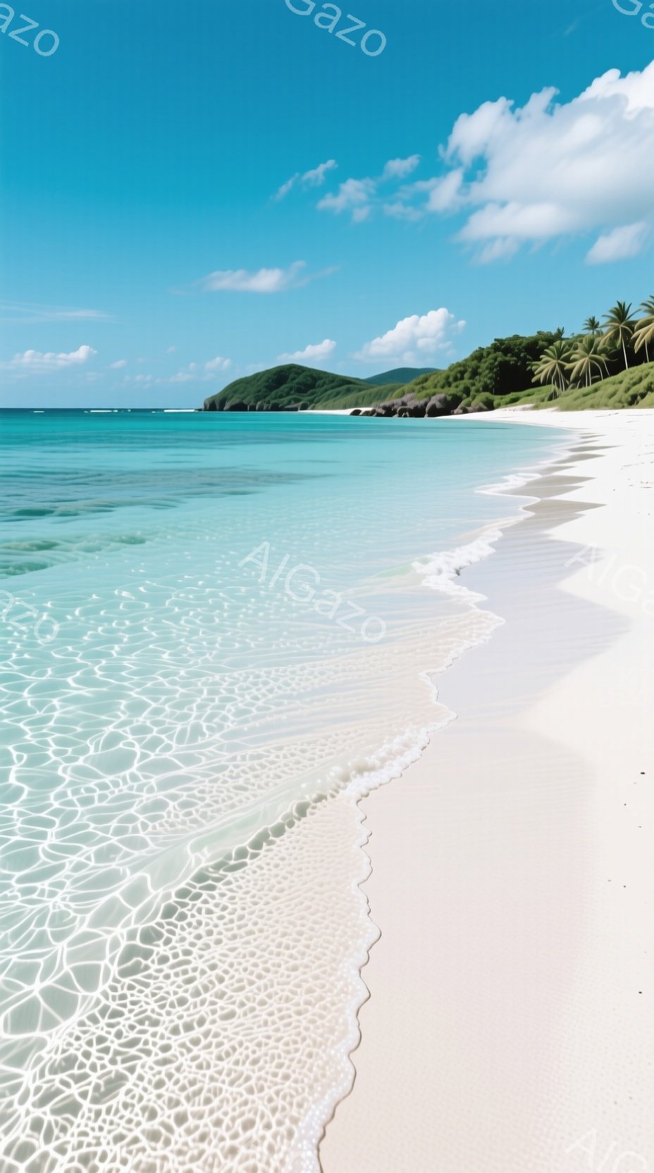 白い砂浜が広がり、エメラルドグリーンの海が穏やかに打ち寄せています。遠くには緑豊かな丘が見え、青い空と白い雲が美しいコントラストを生み出しています。全体的に穏やかで平和な、リゾート地の美しい風景です。