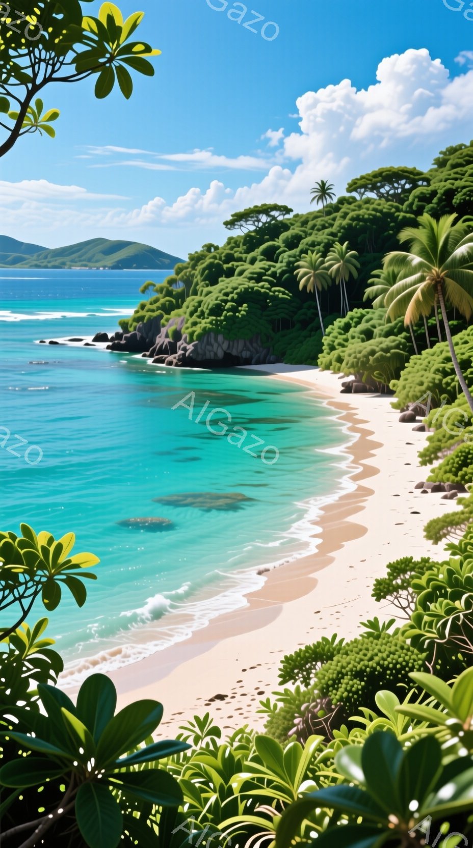 青々とした熱帯の植生に囲まれた白い砂浜が、ターコイズブルーの海へと繋がっています。遠くには緑豊かな山々がそびえ立ち、晴天の下、穏やかな波が打ち寄せ、静かで平和な雰囲気を醸し出しています。フレームの一部 - AI生成フリー素材
