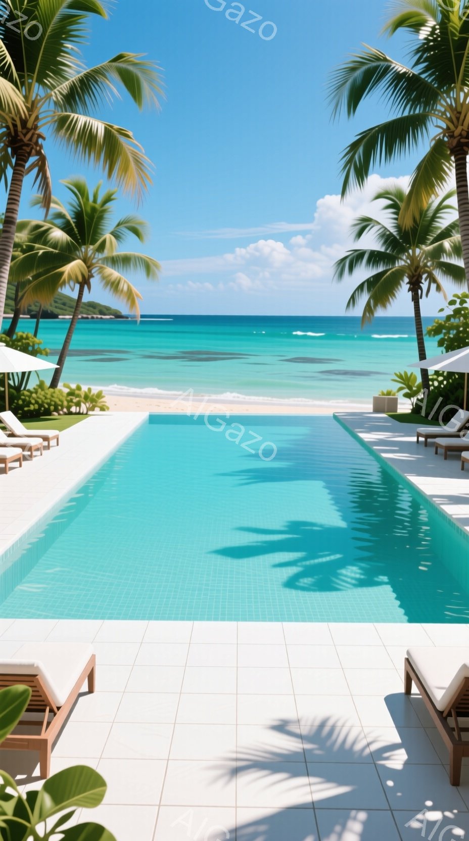 青いタイル張りのプールが、白い砂浜とターコイズブルーの海を背景に広がっている。ヤシの木がプールの両側から影を落とし、リゾートの優雅さと静寂さを強調している。太陽光が水面に反射し、きらめきと涼しさを感じさせる、完璧な南国リゾートの風景だ。