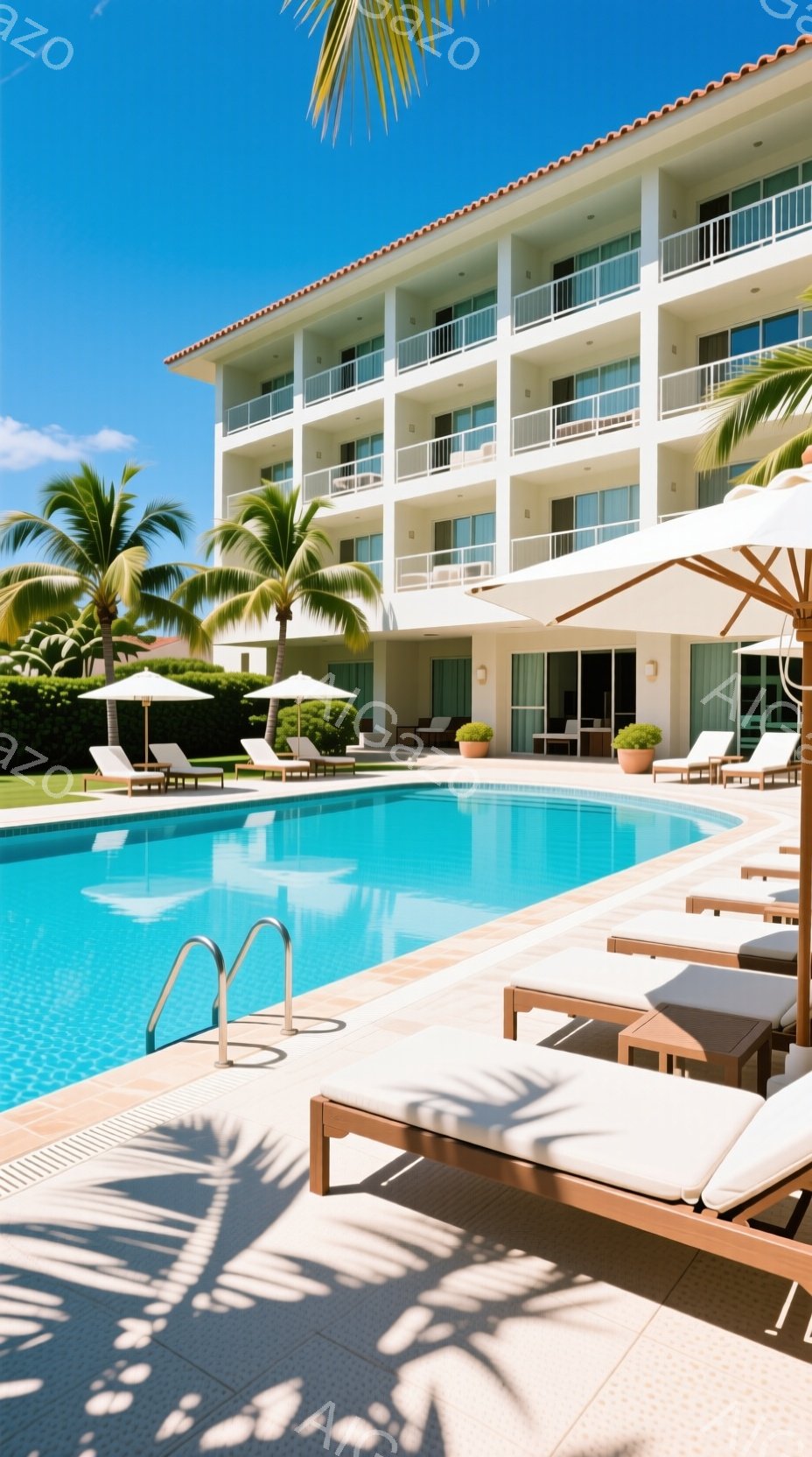 鮮やかな青いプールサイドには、白いリクライニングチェアが整然と並べられ、リゾートの優雅さを演出している。背景には、白い壁と茶色の屋根を持つ近代的な建物が立ち並び、青空とヤシの木が熱帯の雰囲気を醸し出している。太陽の光がプールに反射し、水面がきらめき、穏やかでリラックスした雰囲気が漂っている。