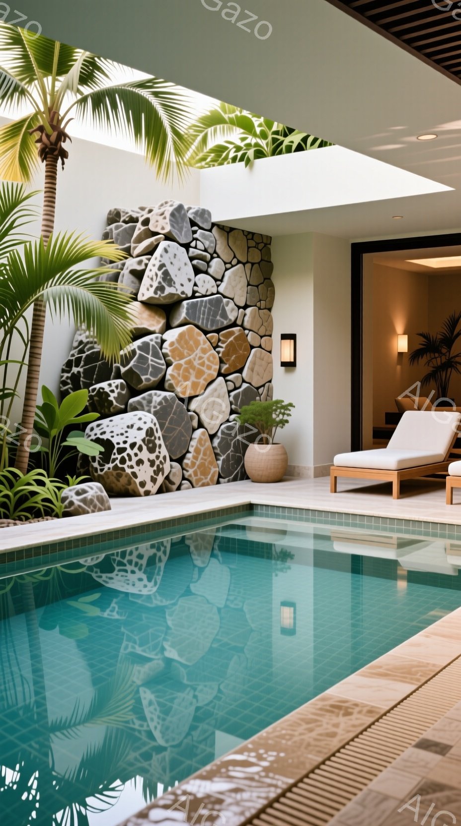 プールサイドは、白を基調としたモダンな空間で、自然石の壁がアクセントになっています。青く澄んだプールの水面には周囲の緑が映り込み、リラックスできる雰囲気を作り出しています。日当たりの良い空間には、庭の植物が配置され、リゾートのような穏やかな雰囲気が漂っています。