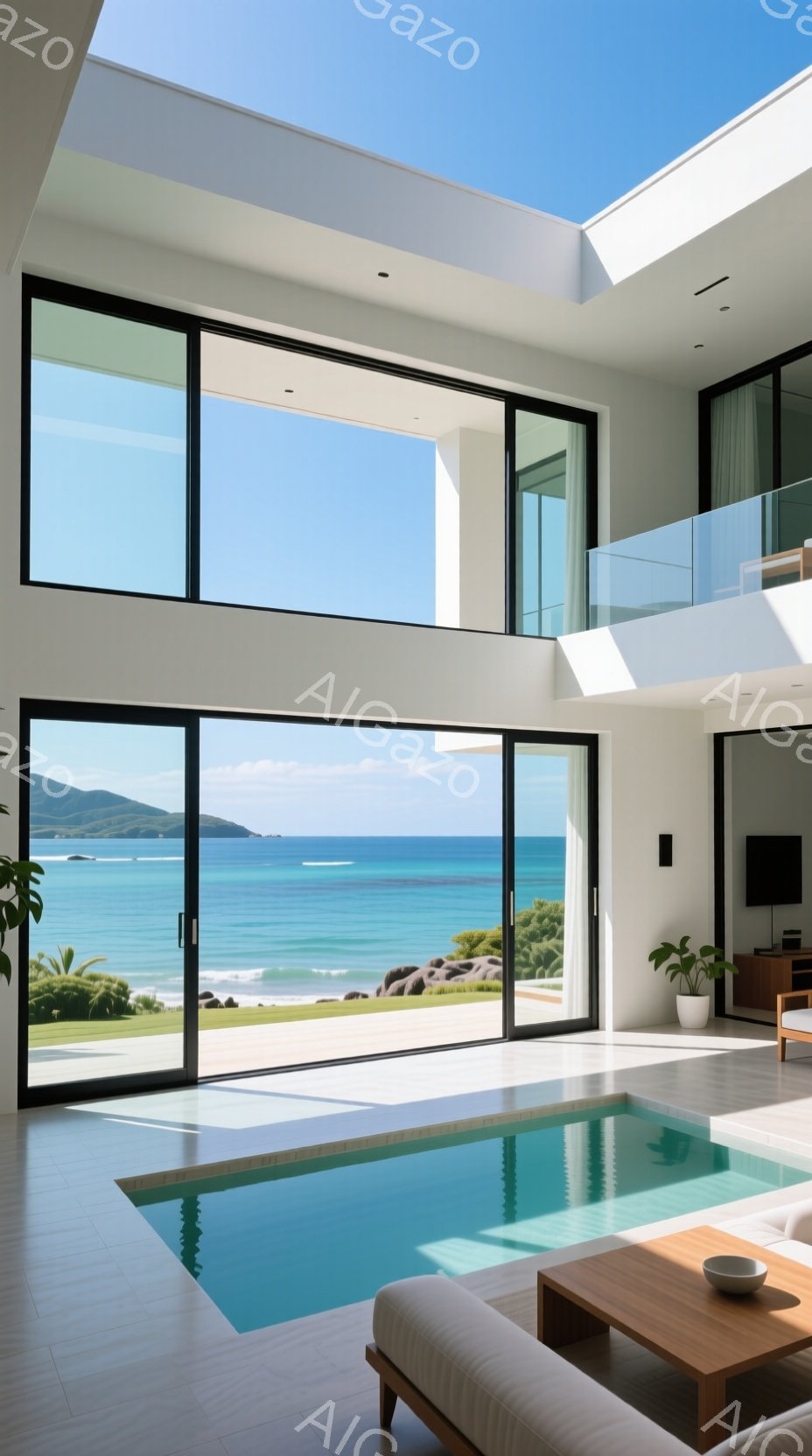 広々としたリビングルームには、大きなガラス窓から青い海と緑豊かな風景が広がり、インフィニティプールが部屋の一部として組み込まれています。白いタイルの床とシンプルな家具が、開放的でリラックスした雰囲気を醸し出し、植物がさりげなく空間に彩りを添えています。明るい日差しが差し込み、静かで贅沢なリゾートの空間を演出しています。