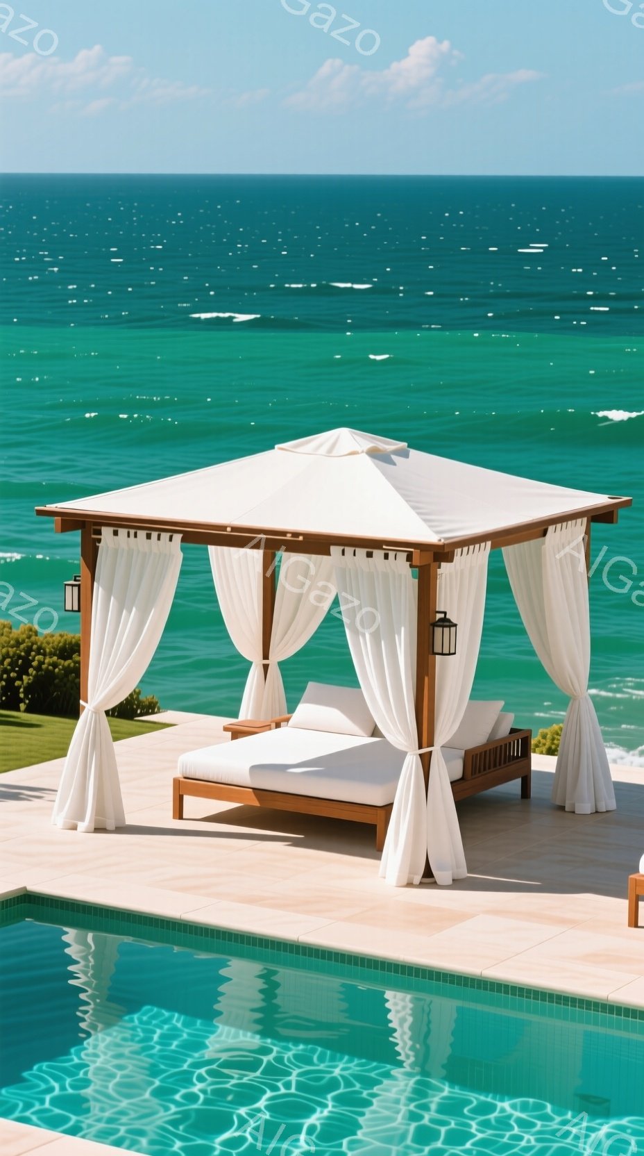 プールサイドに配置された、白くドレープされたキャノピーベッドが印象的な光景です。木製のフレームが自然な温かみを添え、青い海と空の背景がリラックスした雰囲気を醸し出しています。タイルのプールは水面が穏やかで、反射が美しい景観を作り出しています。